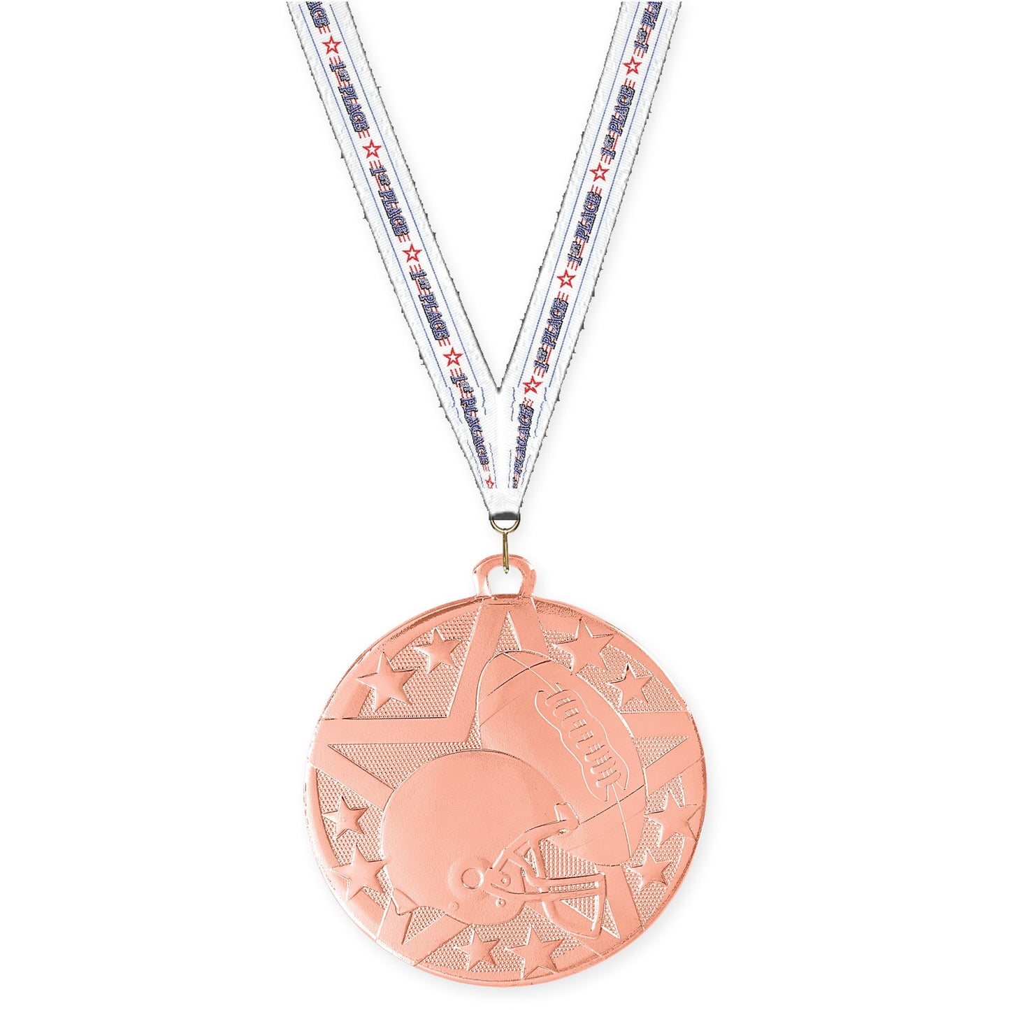 2 inch football Superstar medal in bright bronze with 1st Place neck ribbon