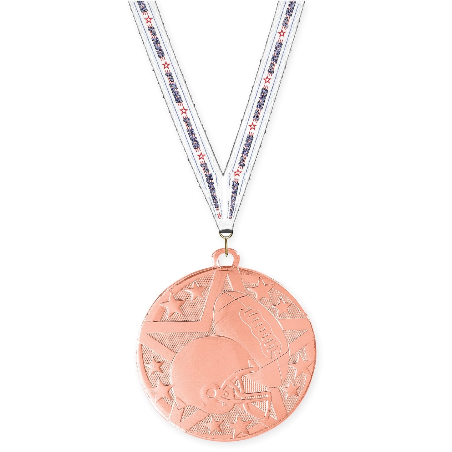 2 inch football Superstar medal in bright bronze with 3rd Place neck ribbon