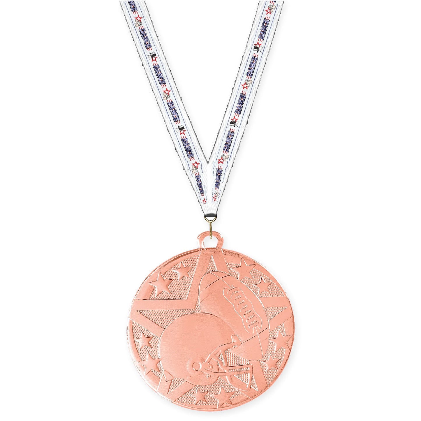2 inch football Superstar medal in bright bronze with Dance neck ribbon