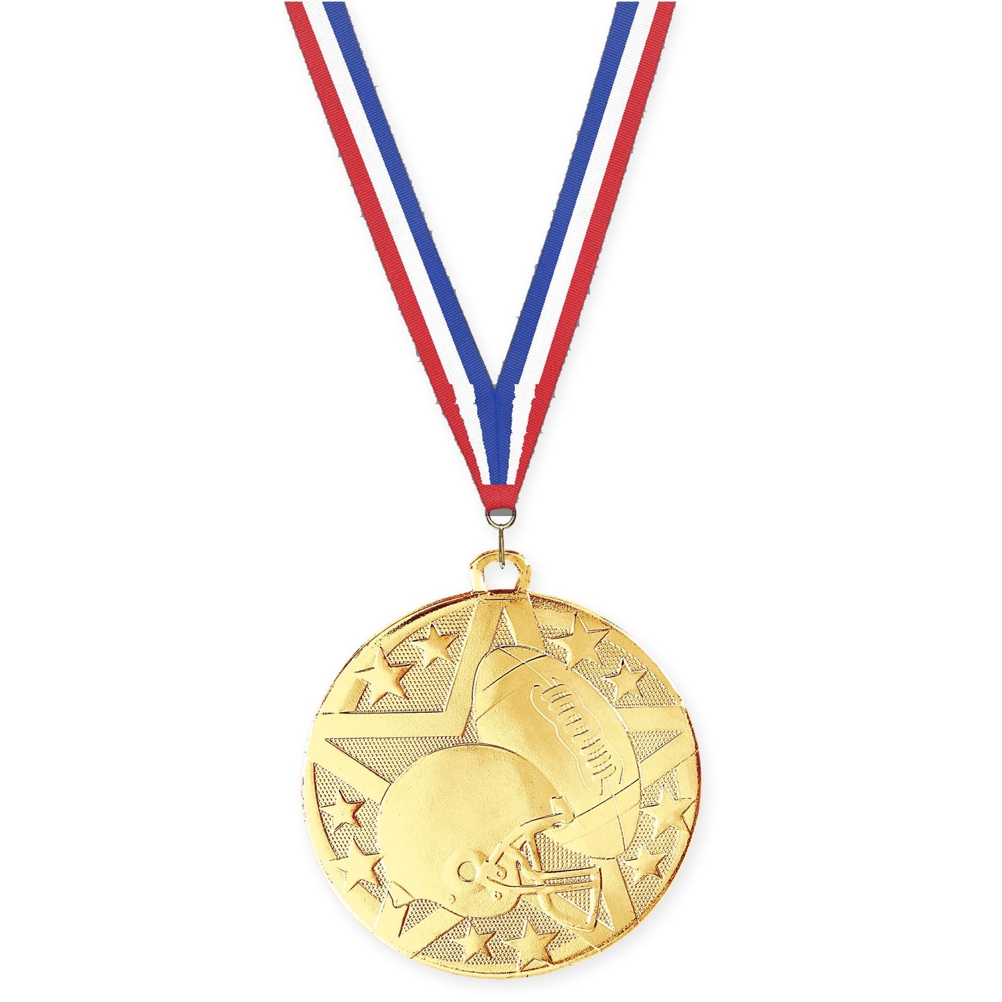 2 inch football Superstar medal in bright gold with Red White Blue neck ribbon