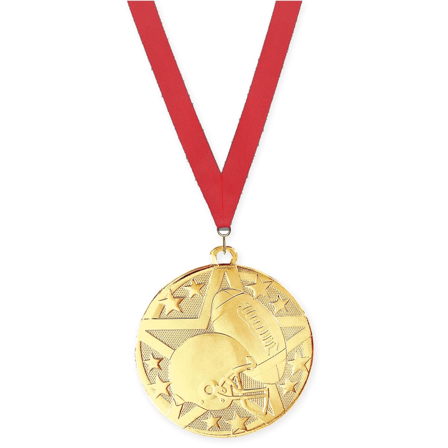 2 inch football Superstar medal in bright gold with Red neck ribbon