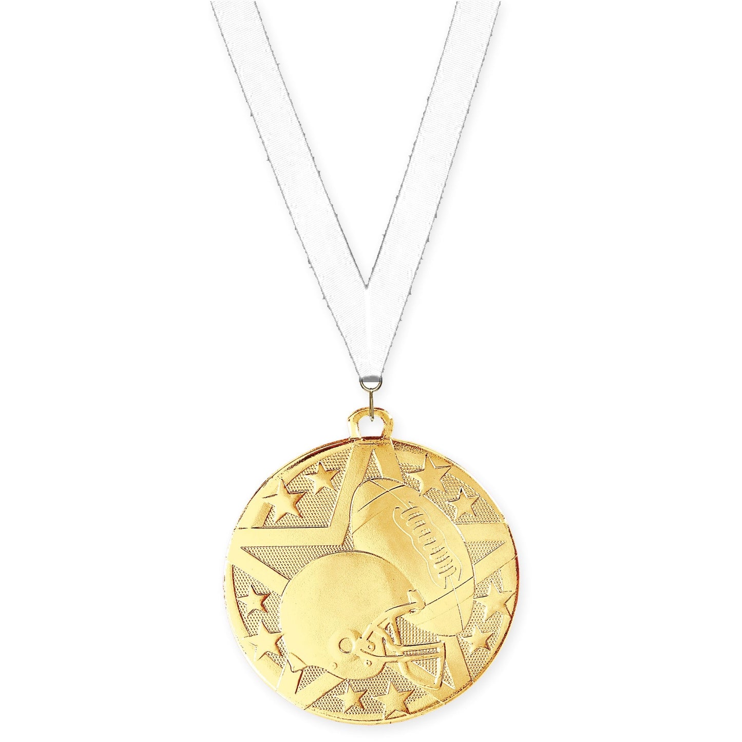 2 inch football Superstar medal in bright gold with White neck ribbon