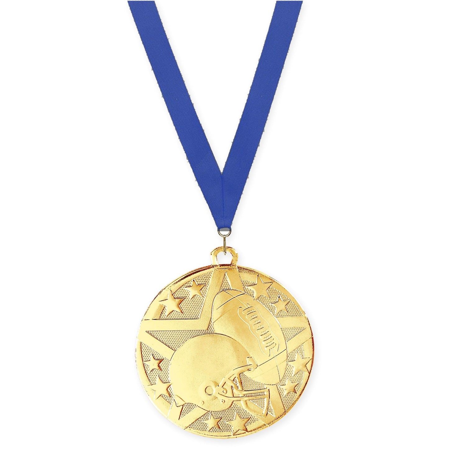 2 inch football Superstar medal in bright gold with Blue neck ribbon
