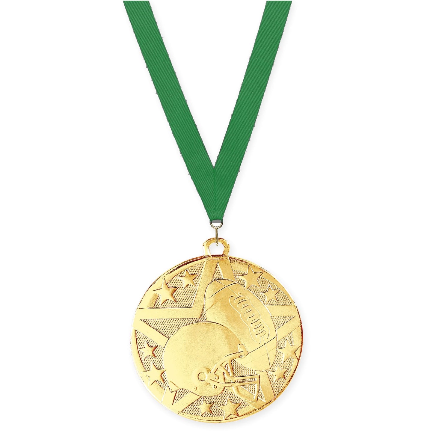 2 inch football Superstar medal in bright gold with Green neck ribbon