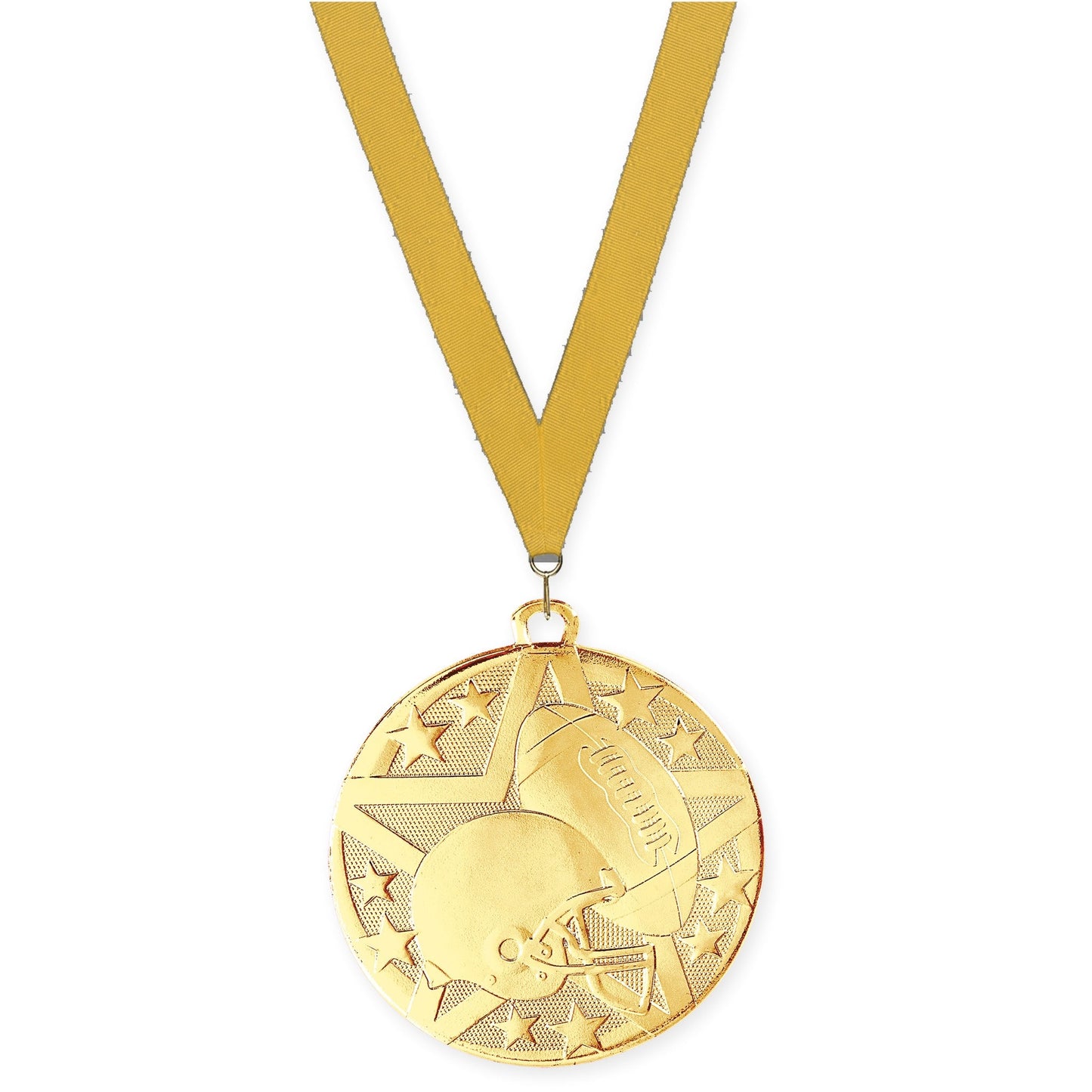 2 inch football Superstar medal in bright gold with Gold neck ribbon
