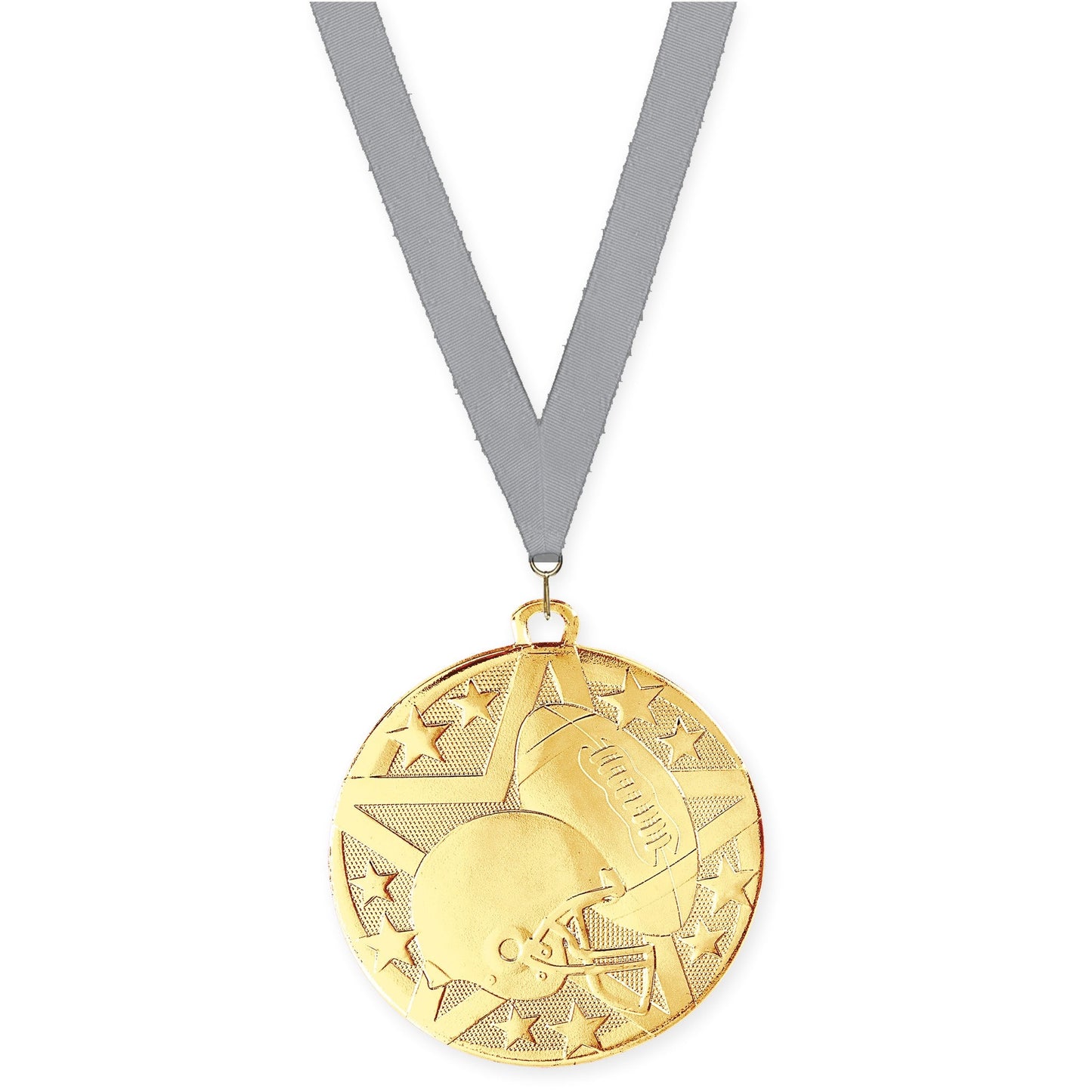 2 inch football Superstar medal in bright gold with Gray neck ribbon
