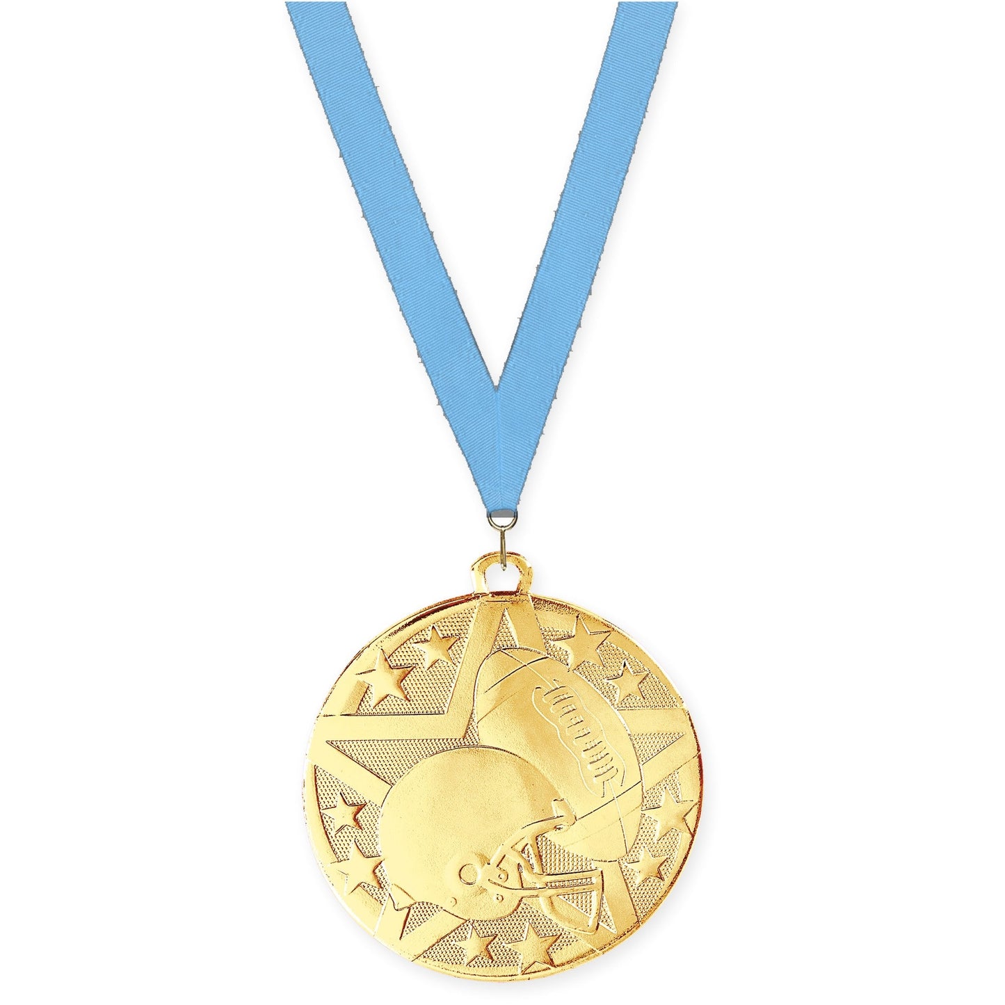 2 inch football Superstar medal in bright gold with Light Blue neck ribbon