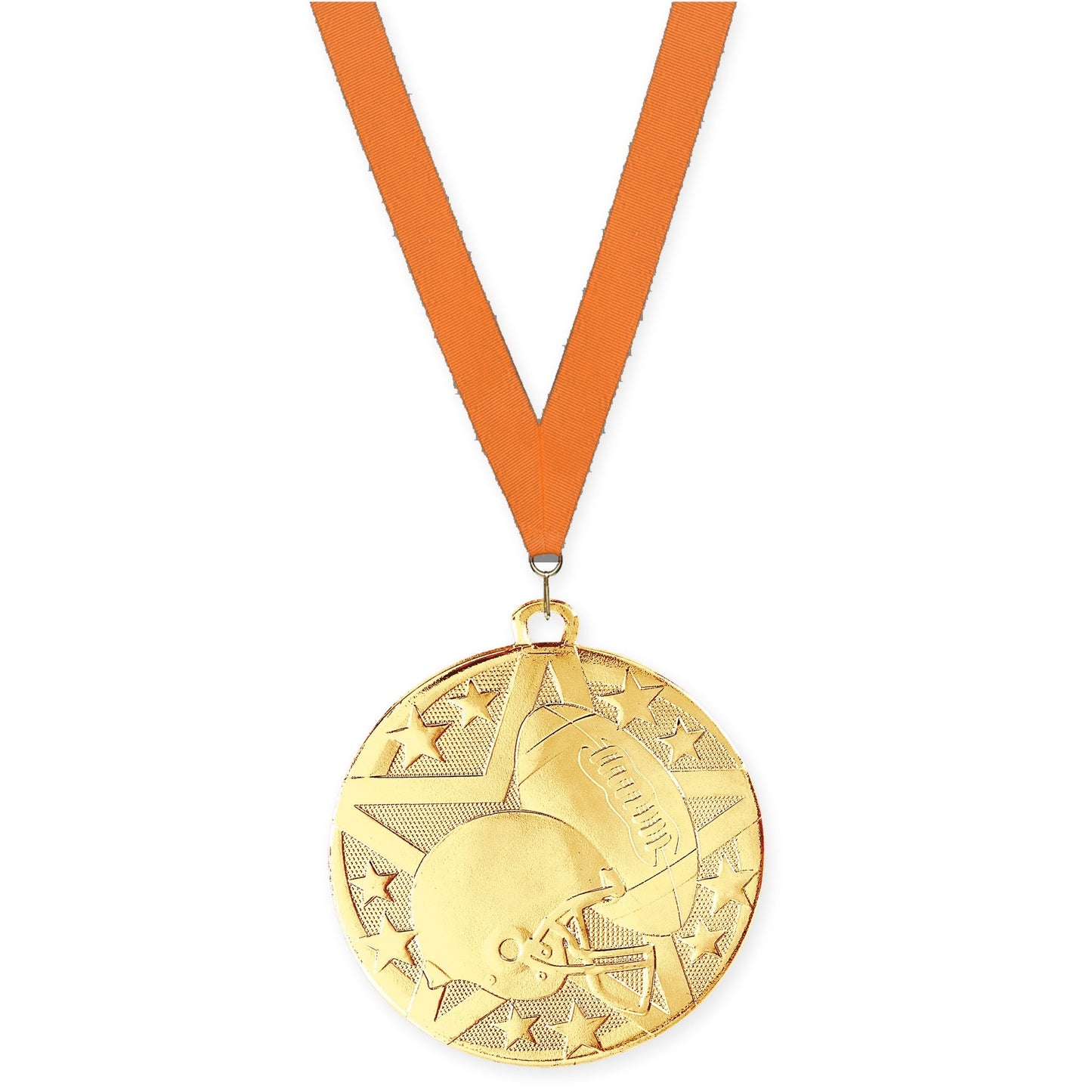 2 inch football Superstar medal in bright gold with Orange neck ribbon