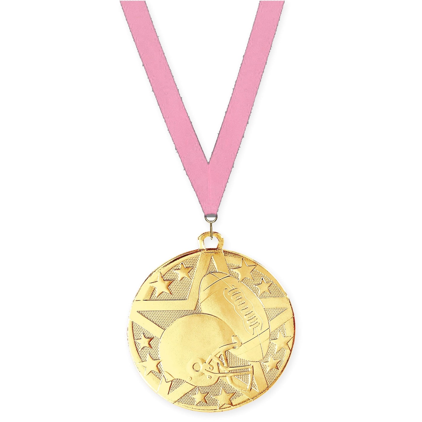 2 inch football Superstar medal in bright gold with Pink neck ribbon
