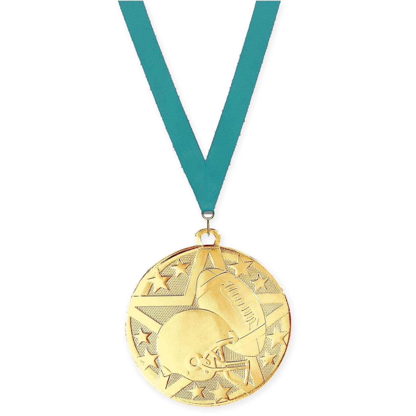 2 inch football Superstar medal in bright gold with Teal neck ribbon