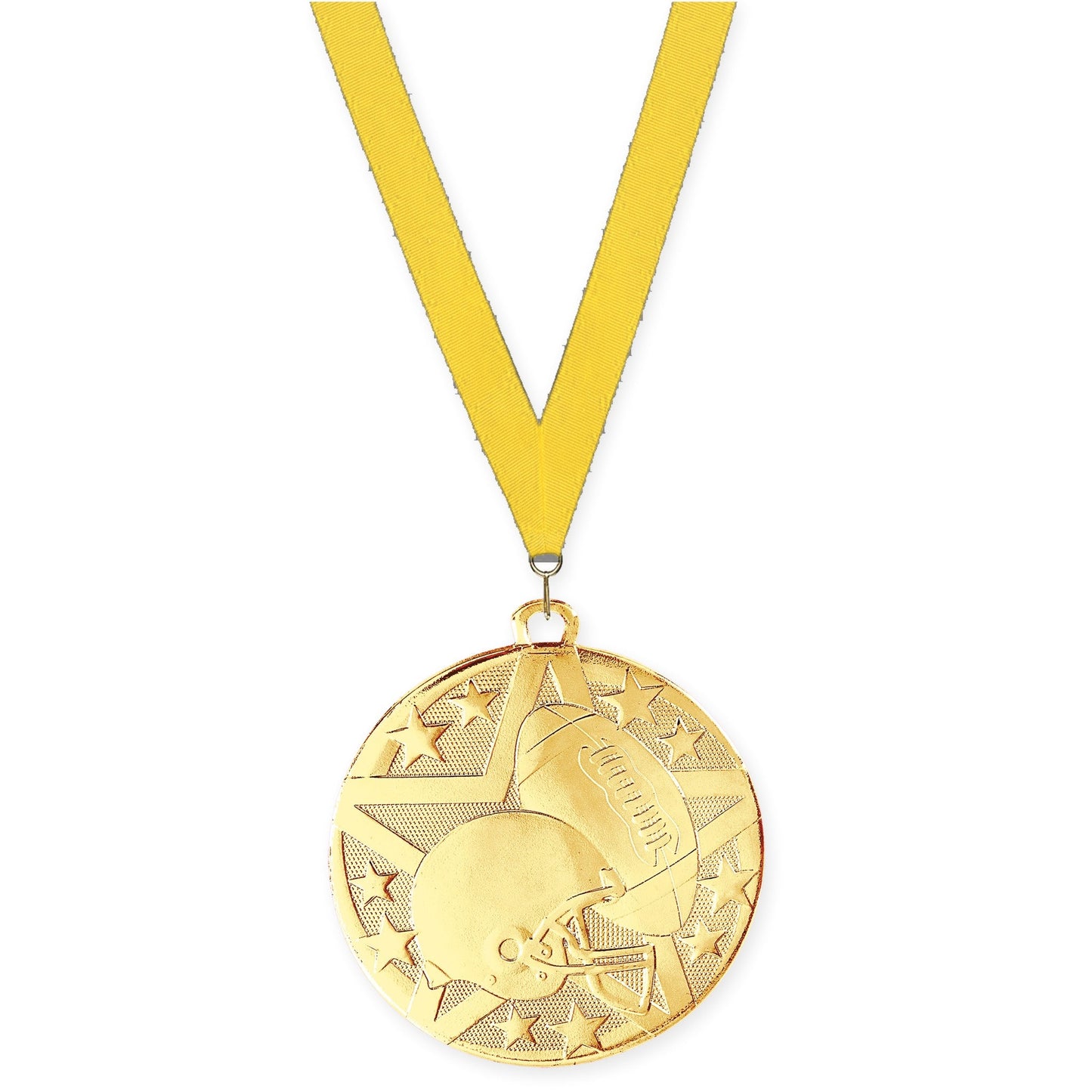 2 inch football Superstar medal in bright gold with Yellow neck ribbon