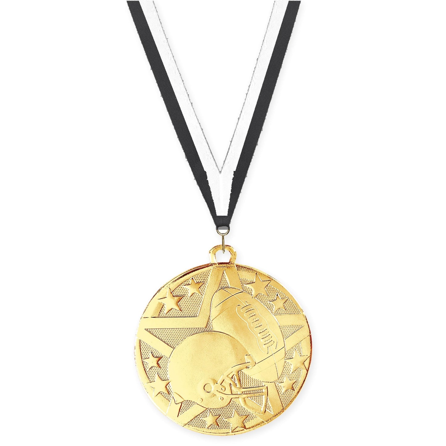 2 inch football Superstar medal in bright gold with Black White neck ribbon