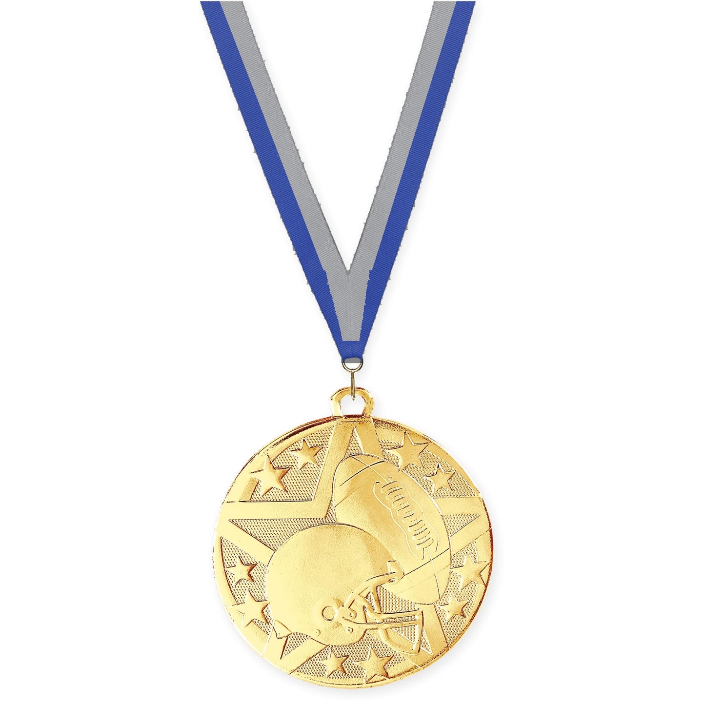 2 inch football Superstar medal in bright gold with Blue Gray neck ribbon