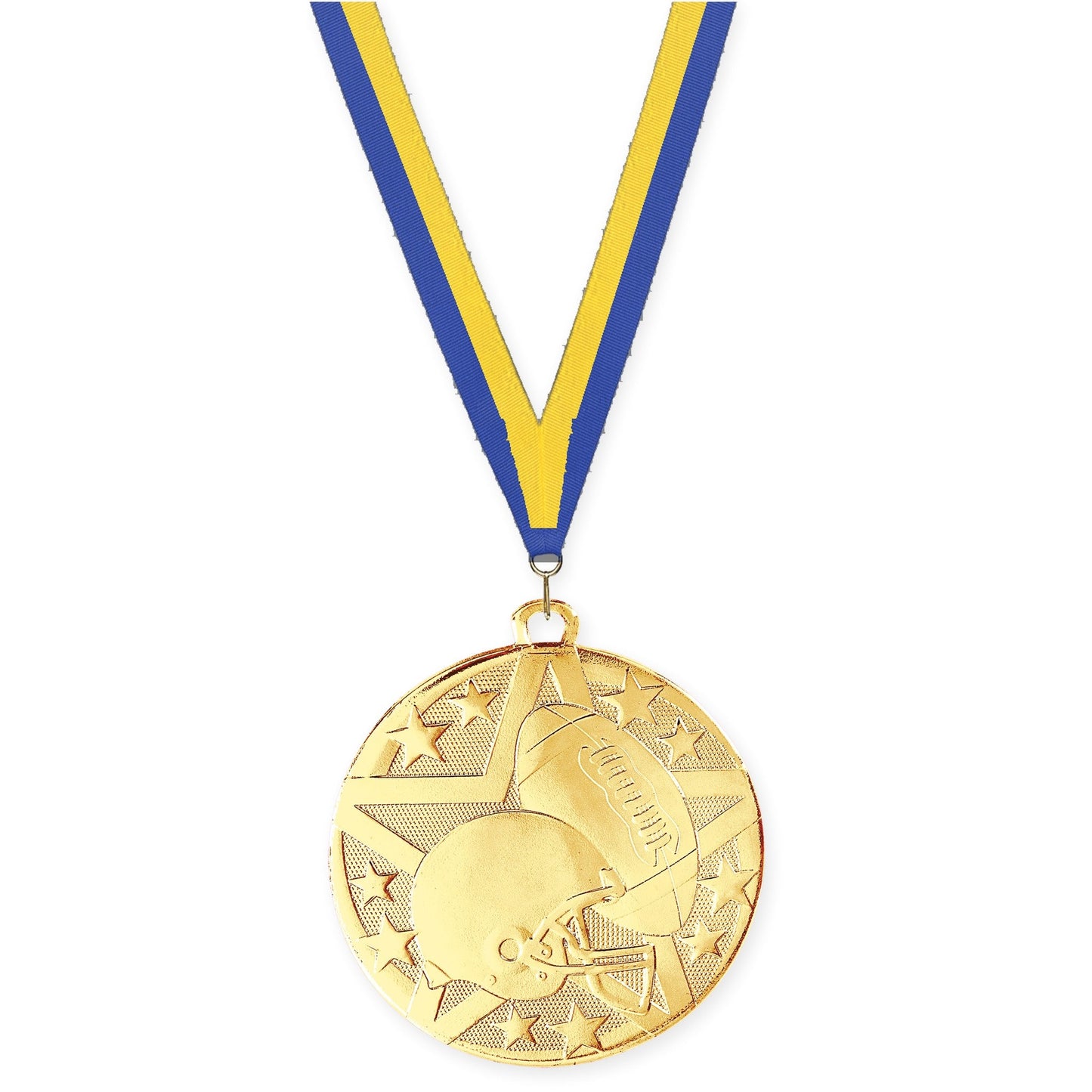 2 inch football Superstar medal in bright gold with Blue Yellow neck ribbon