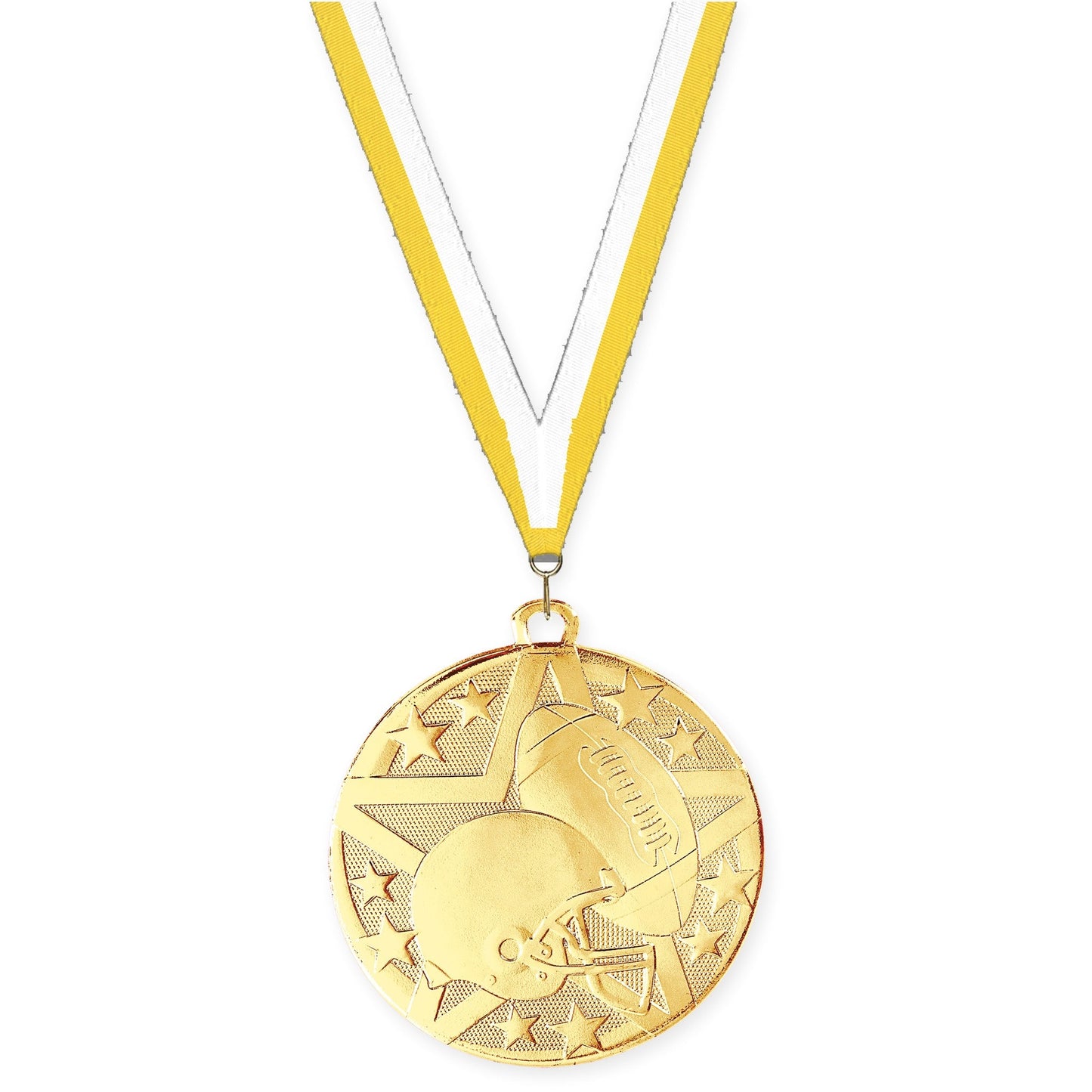 2 inch football Superstar medal in bright gold with Yellow White neck ribbon
