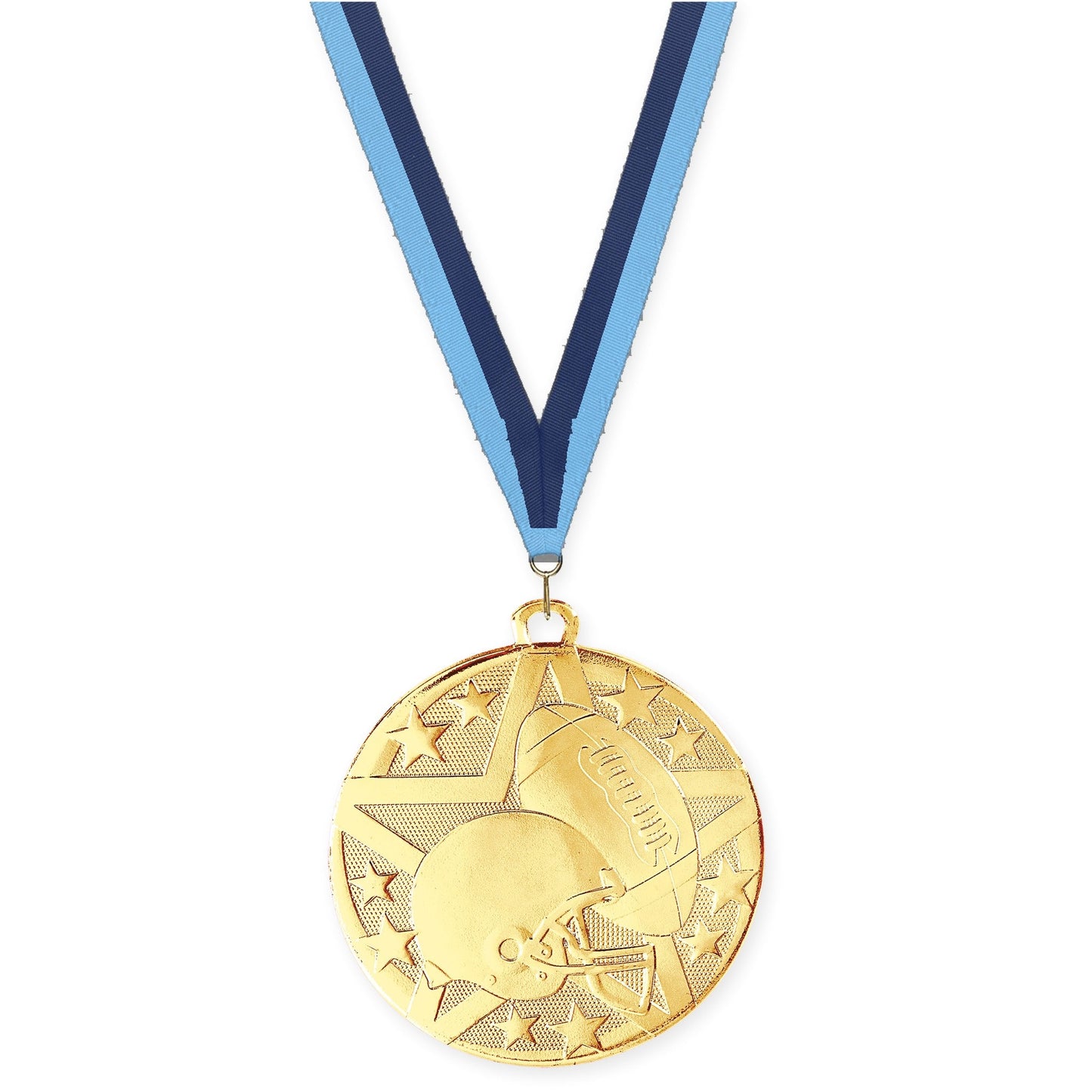 2 inch football Superstar medal in bright gold with Light Blue Navy neck ribbon