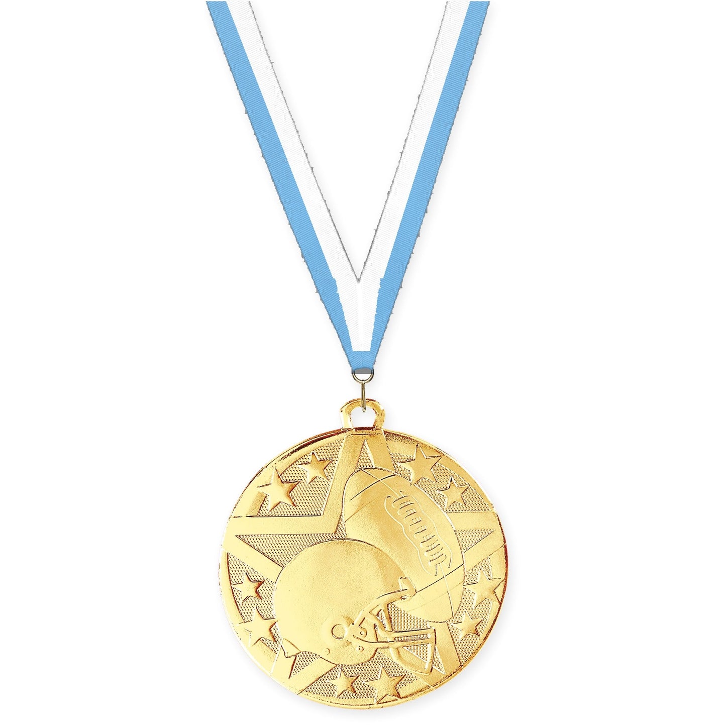 2 inch football Superstar medal in bright gold with Light Blue White neck ribbon