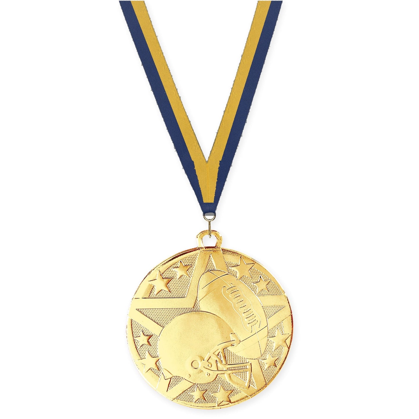 2 inch football Superstar medal in bright gold with Navy Gold neck ribbon