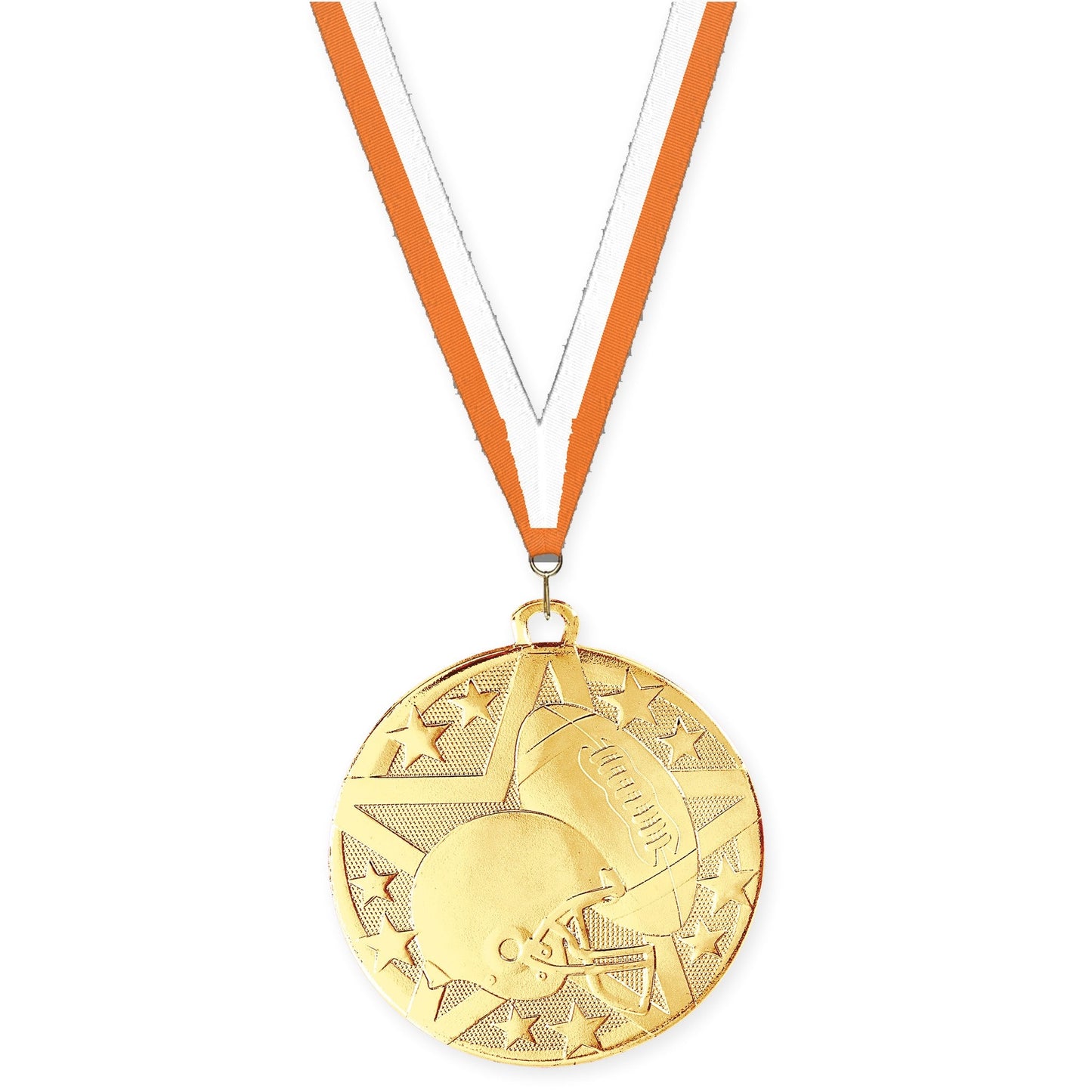 2 inch football Superstar medal in bright gold with Orange White neck ribbon