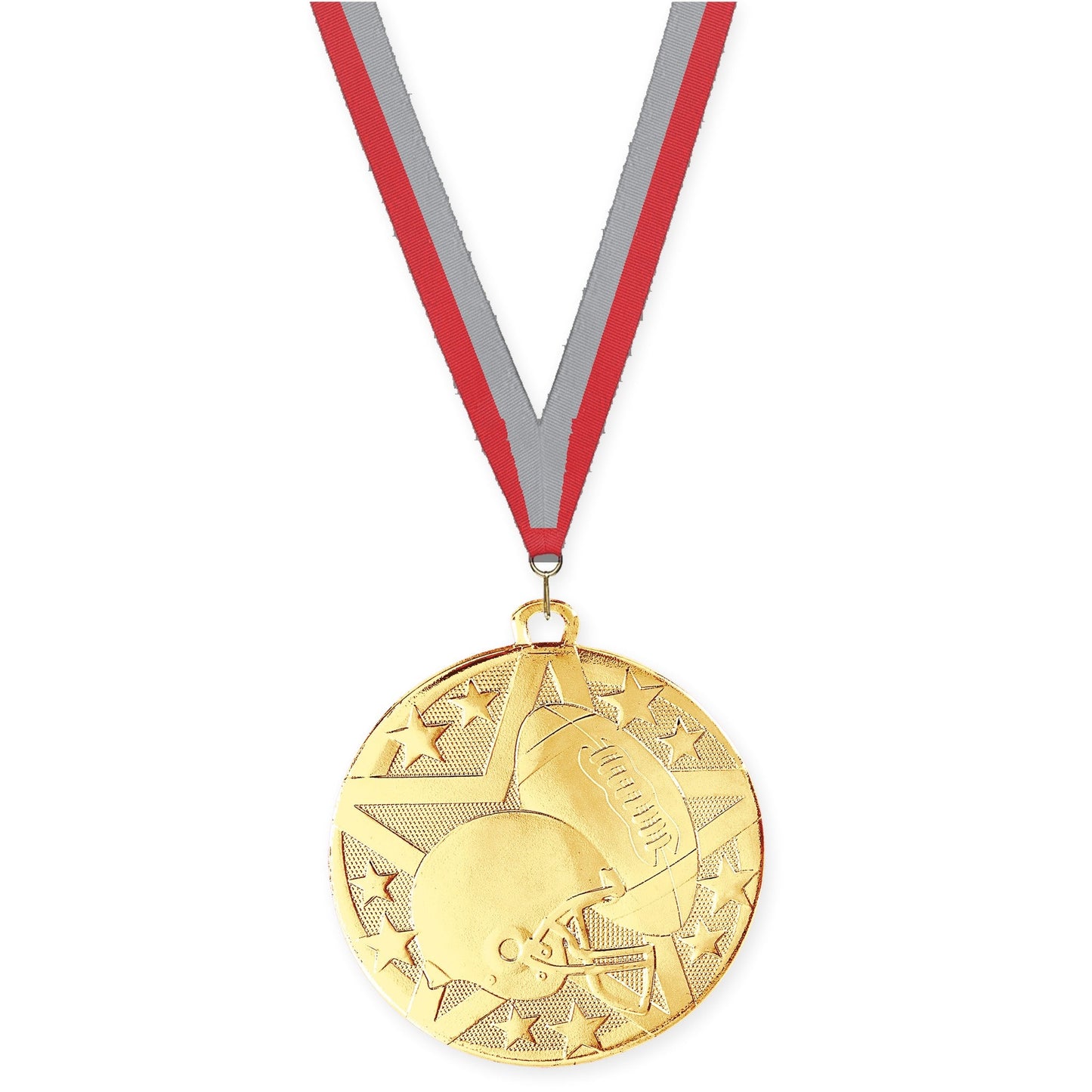2 inch football Superstar medal in bright gold with Red Gray neck ribbon