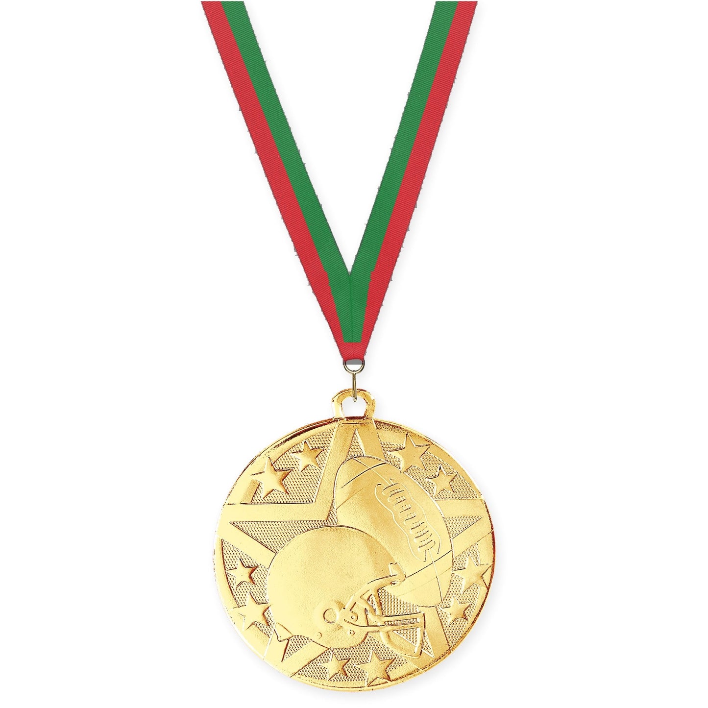 2 inch football Superstar medal in bright gold with Red Green neck ribbon