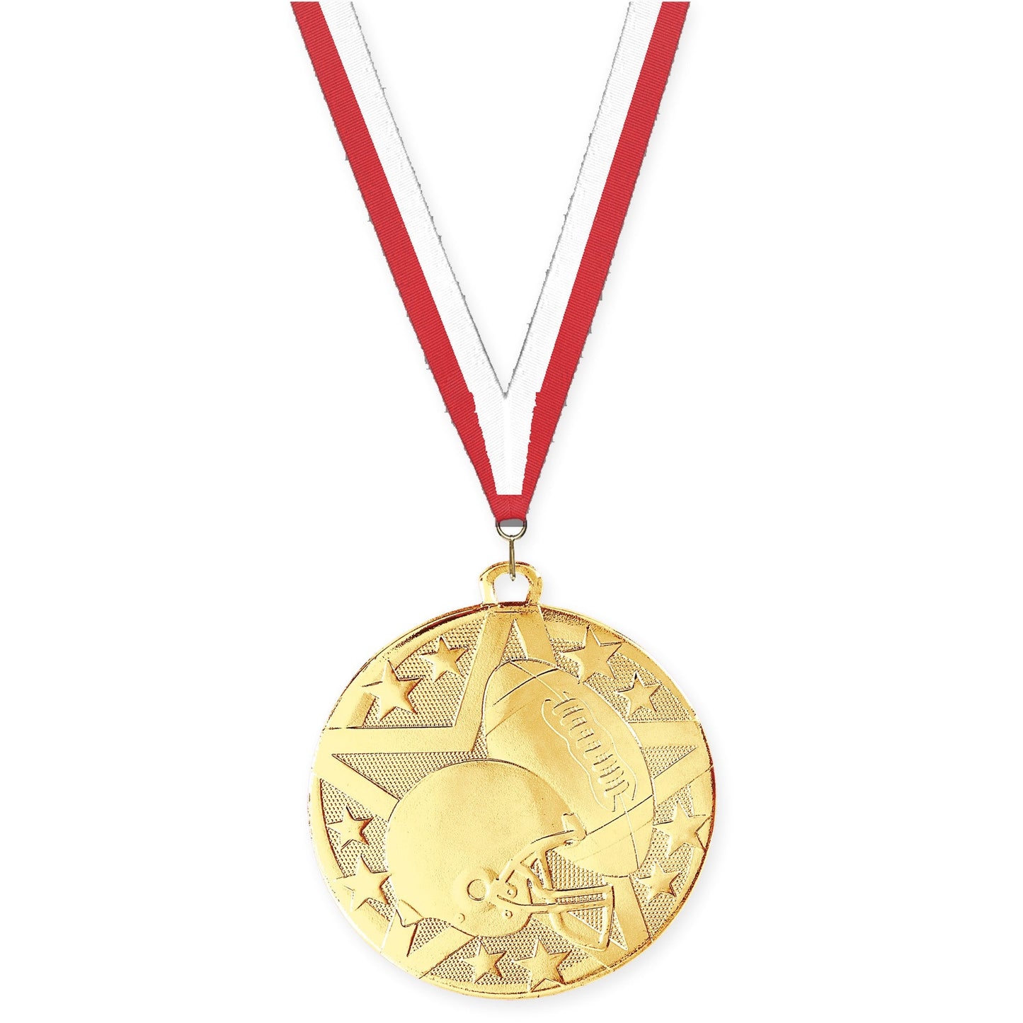 2 inch football Superstar medal in bright gold with Red White neck ribbon