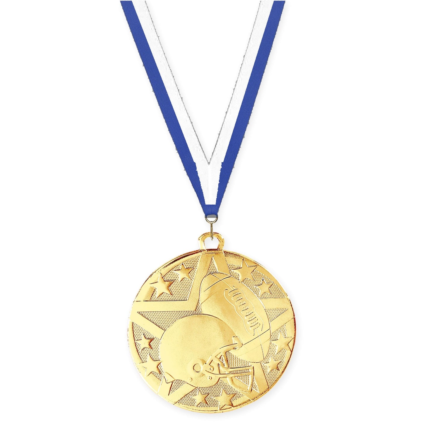 2 inch football Superstar medal in bright gold with Blue White neck ribbon