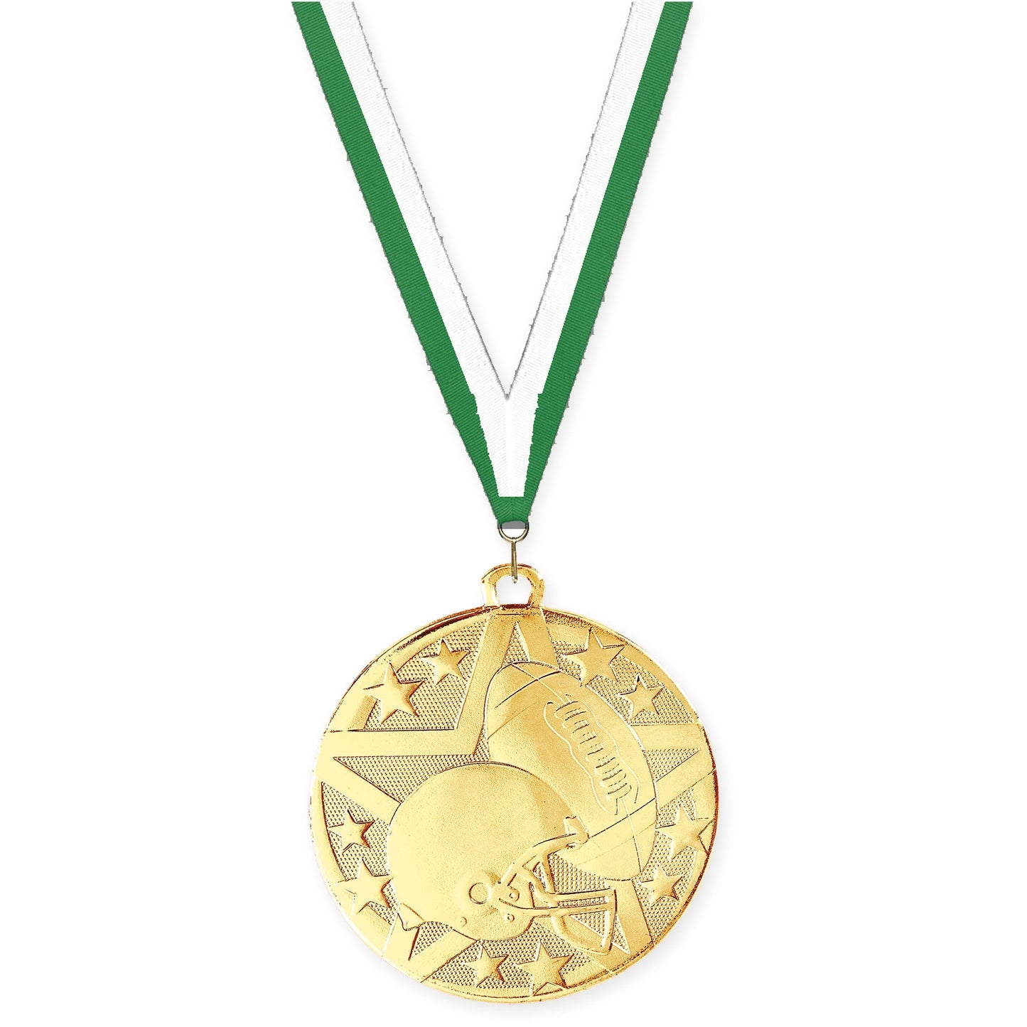 2 inch football Superstar medal in bright gold with Green White neck ribbon