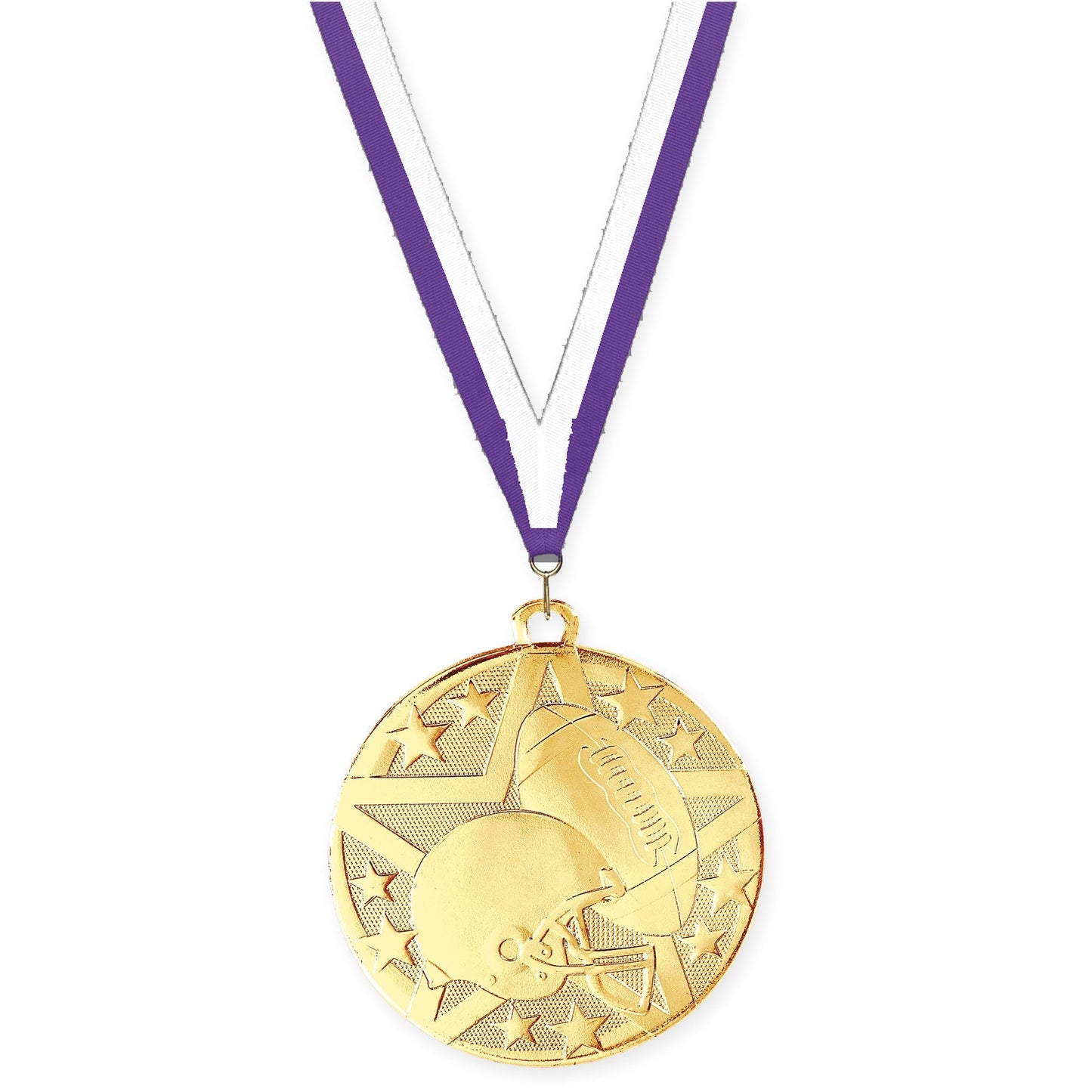 2 inch football Superstar medal in bright gold with Purple White neck ribbon