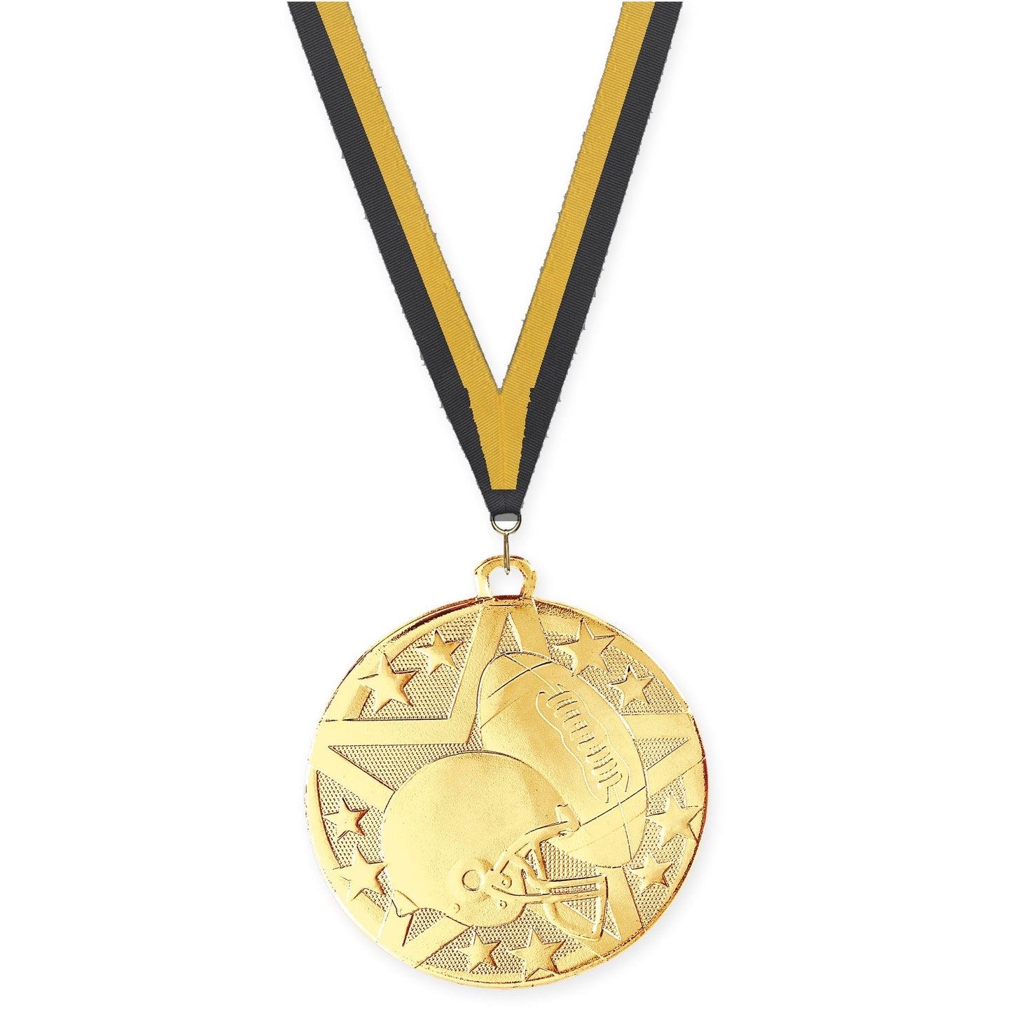 2 inch football Superstar medal in bright gold with Black Gold neck ribbon