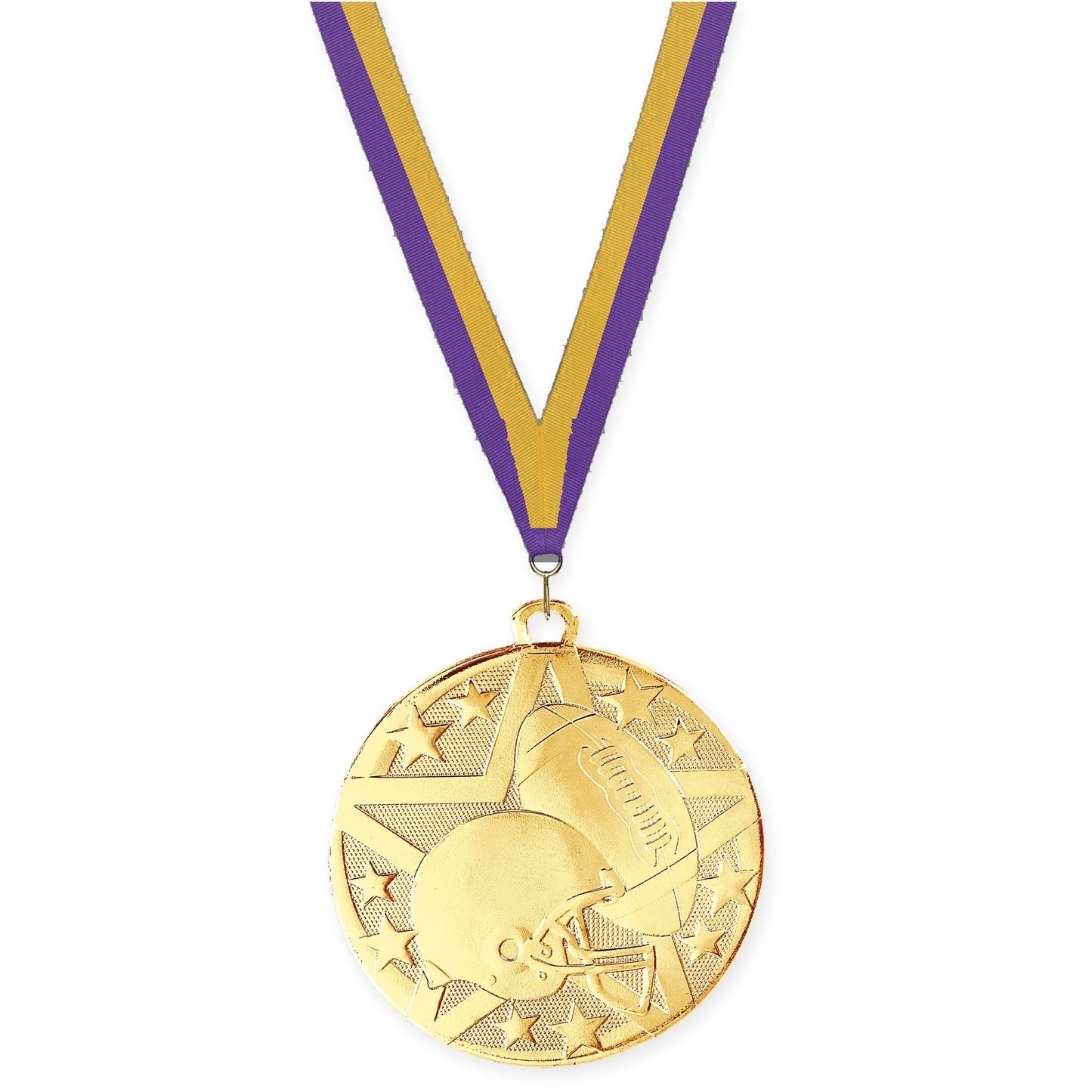 2 inch football Superstar medal in bright gold with Purple Gold neck ribbon
