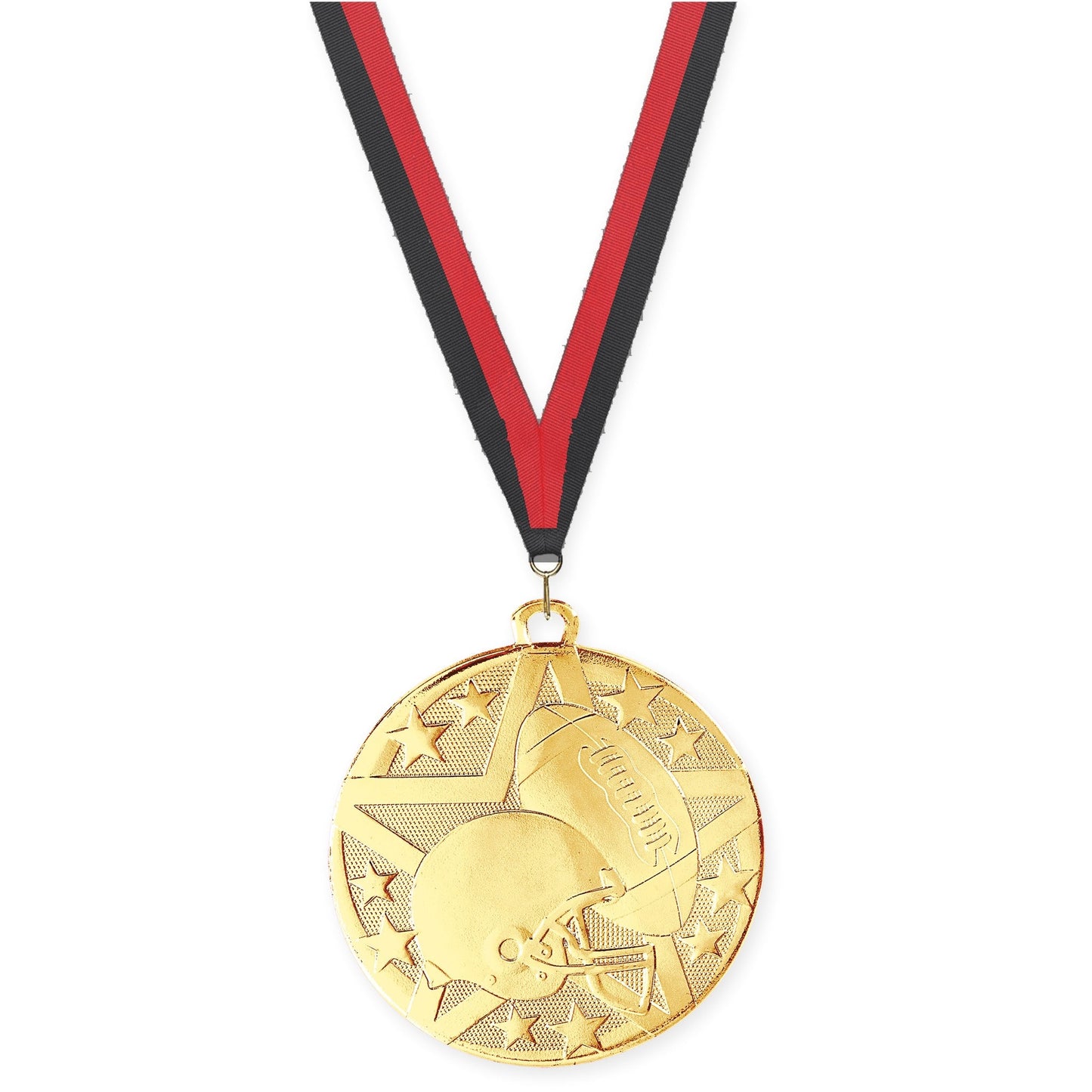 2 inch football Superstar medal in bright gold with Black Red neck ribbon