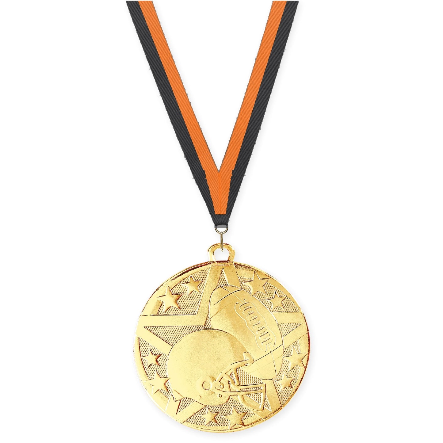 2 inch football Superstar medal in bright gold with Black Orange neck ribbon