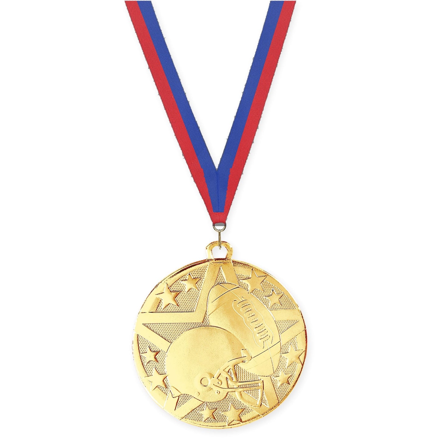 2 inch football Superstar medal in bright gold with Blue Red neck ribbon