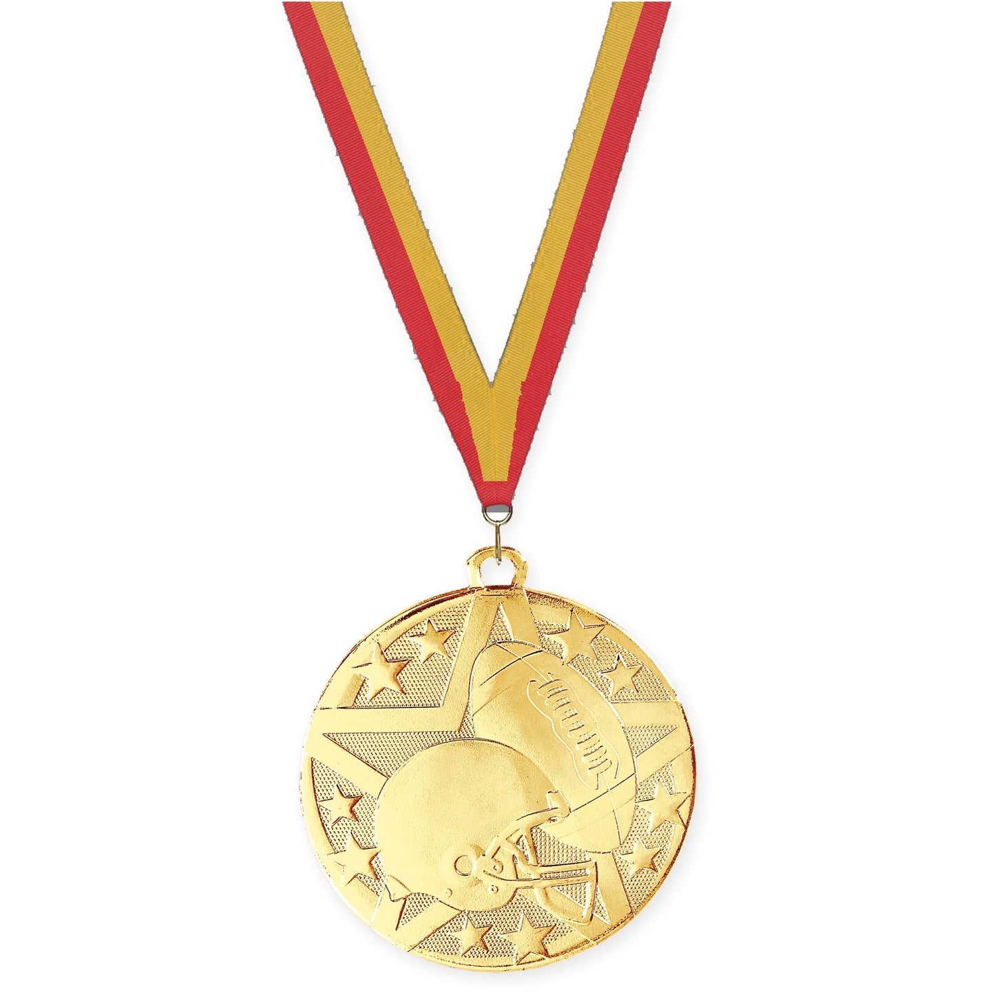 2 inch football Superstar medal in bright gold with Red Gold neck ribbon
