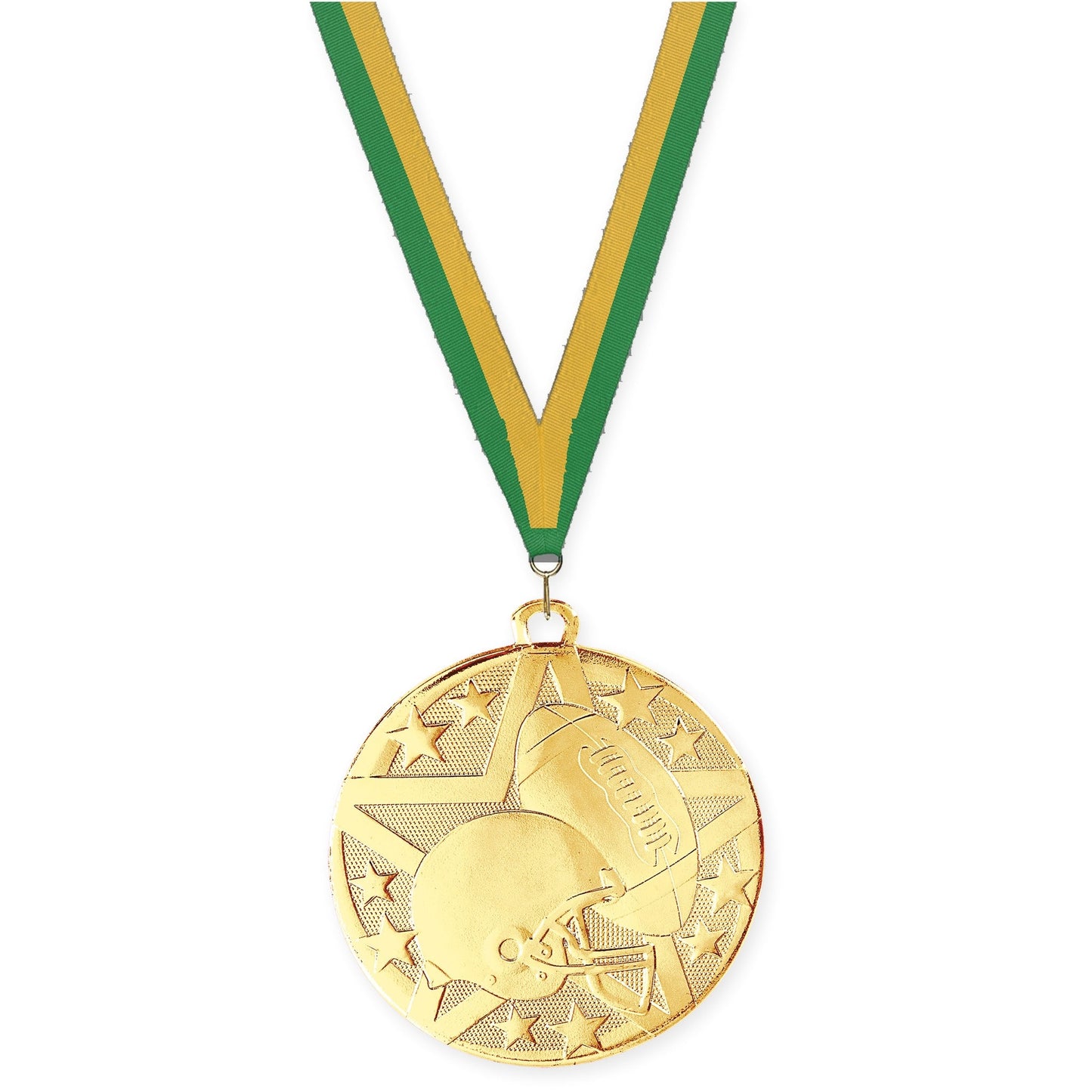 2 inch football Superstar medal in bright gold with Green Gold neck ribbon