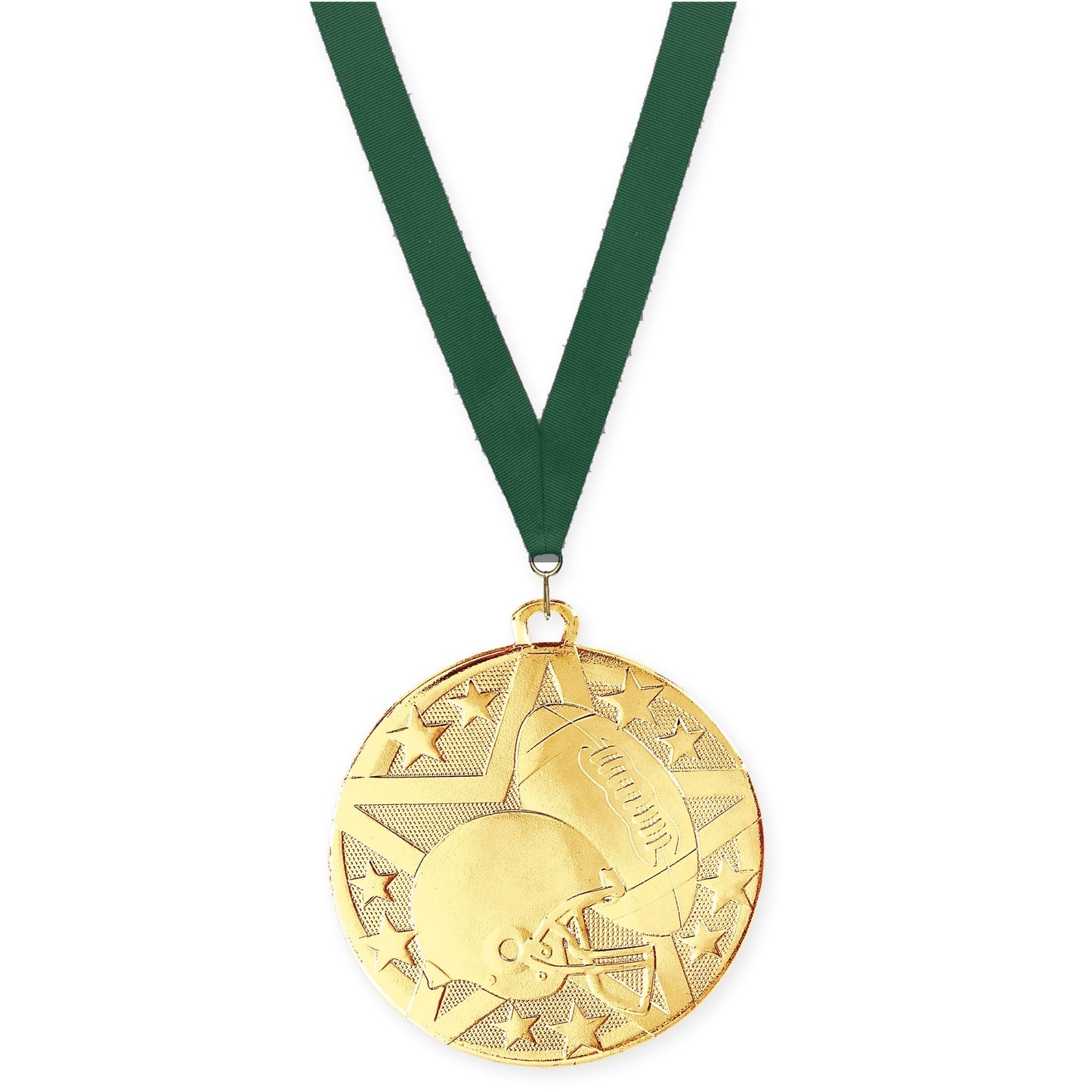 2 inch football Superstar medal in bright gold with Hunter Green neck ribbon