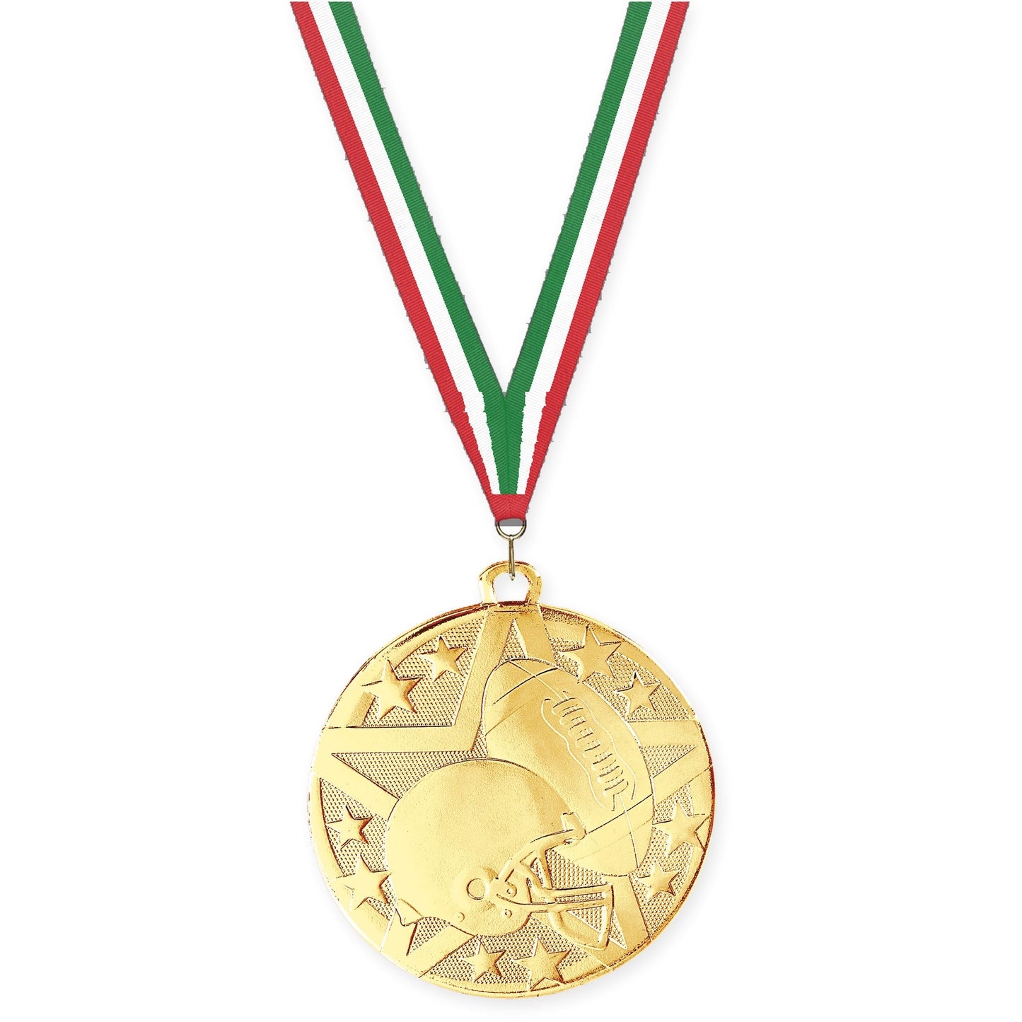 2 inch football Superstar medal in bright gold with Red White Green neck ribbon