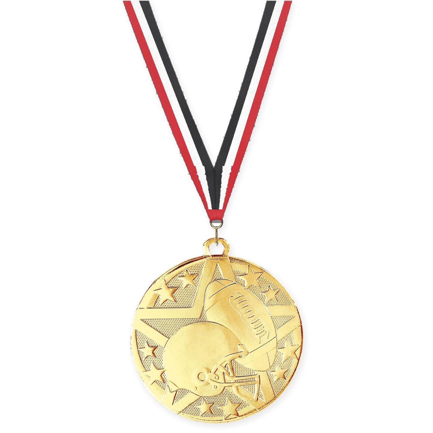 2 inch football Superstar medal in bright gold with Red White Black neck ribbon