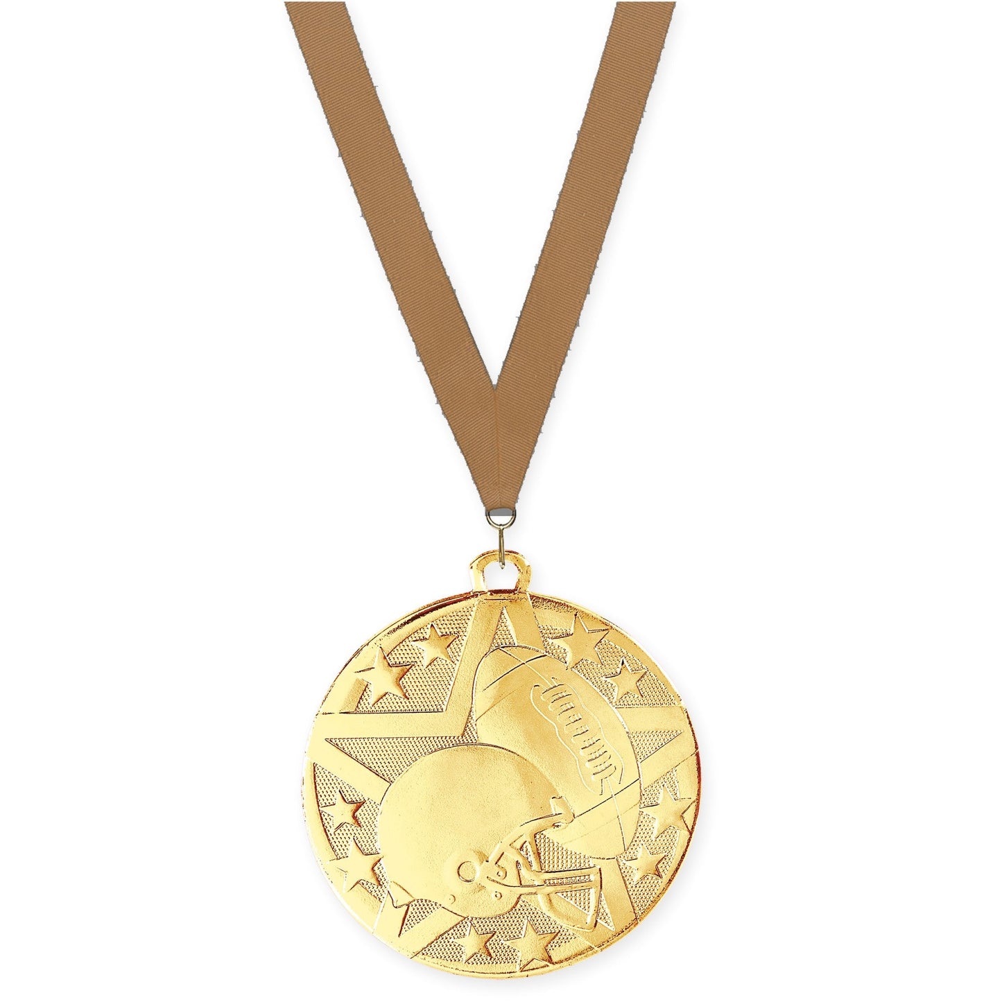 2 inch football Superstar medal in bright gold with Bronze Metallic neck ribbon