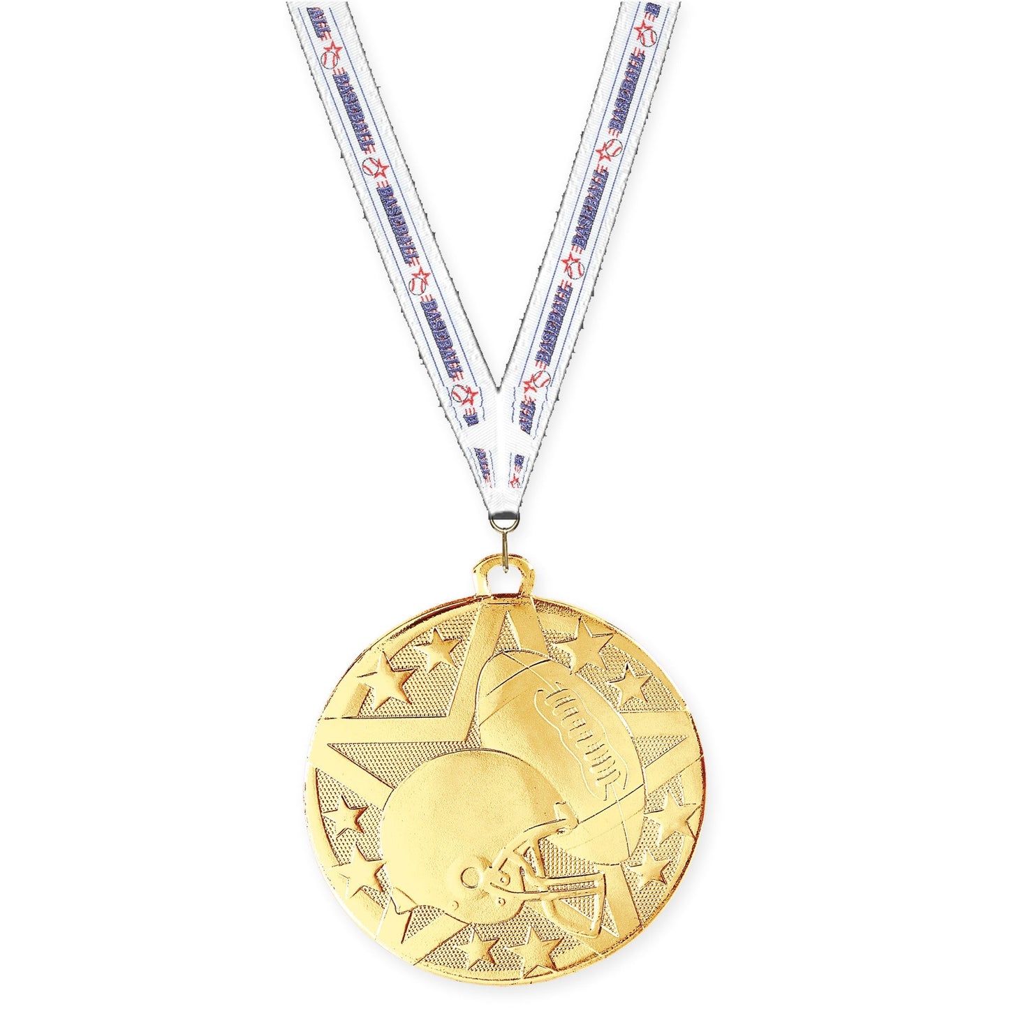 2 inch football Superstar medal in bright gold with Baseball neck ribbon