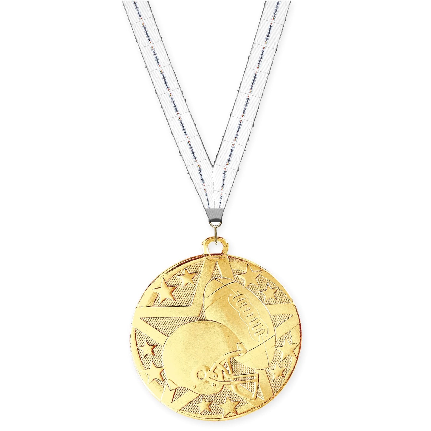 2 inch football Superstar medal in bright gold with Lamp Of Knowledge neck ribbon