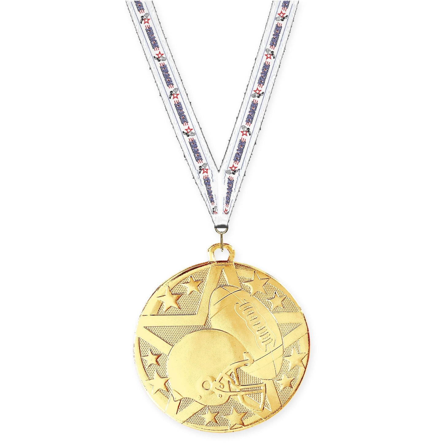 2 inch football Superstar medal in bright gold with Track neck ribbon