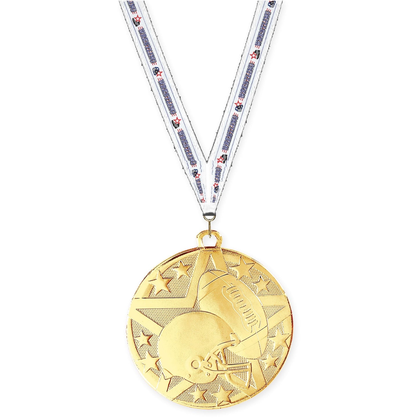 2 inch football Superstar medal in bright gold with Wrestling neck ribbon