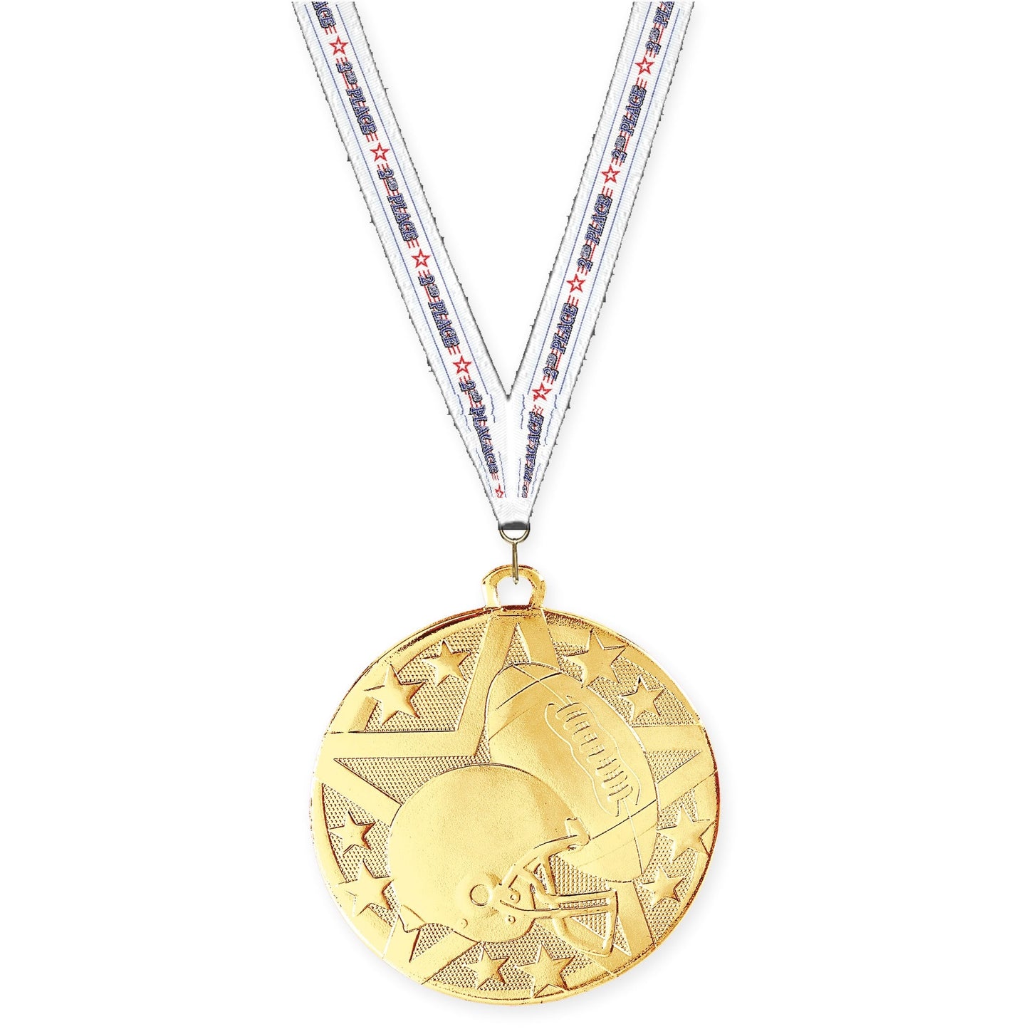 2 inch football Superstar medal in bright gold with 2nd Place neck ribbon