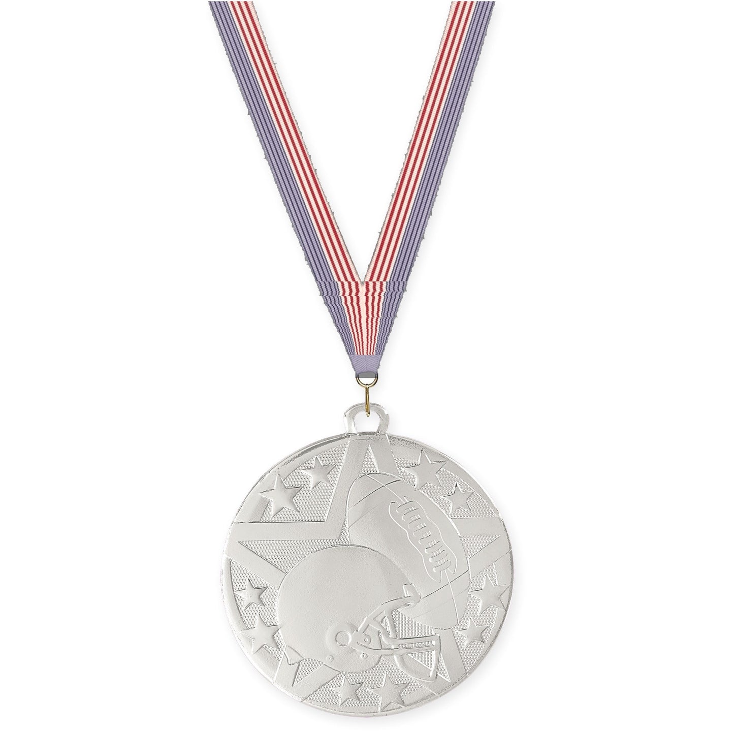 2 inch football Superstar medal in bright silver with USA Flag neck ribbon