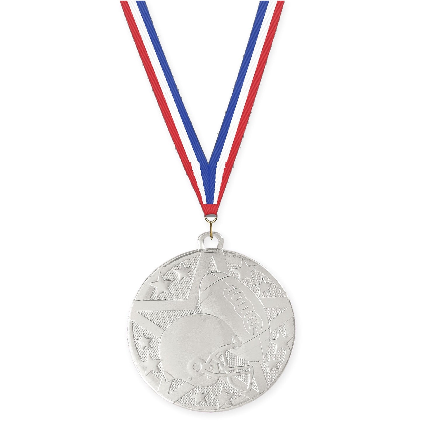2 inch football Superstar medal in bright silver with Red White Blue neck ribbon
