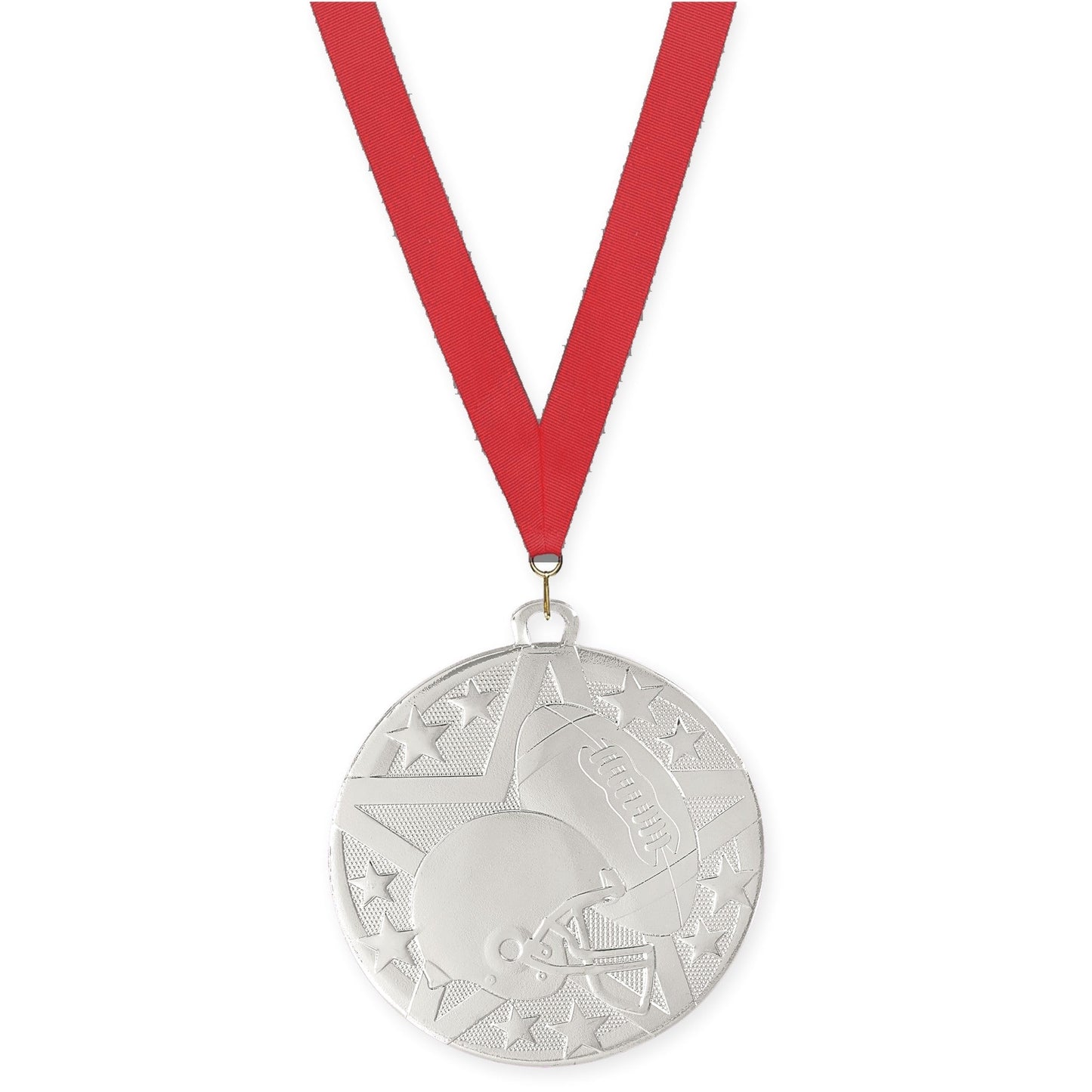 2 inch football Superstar medal in bright silver with Red neck ribbon