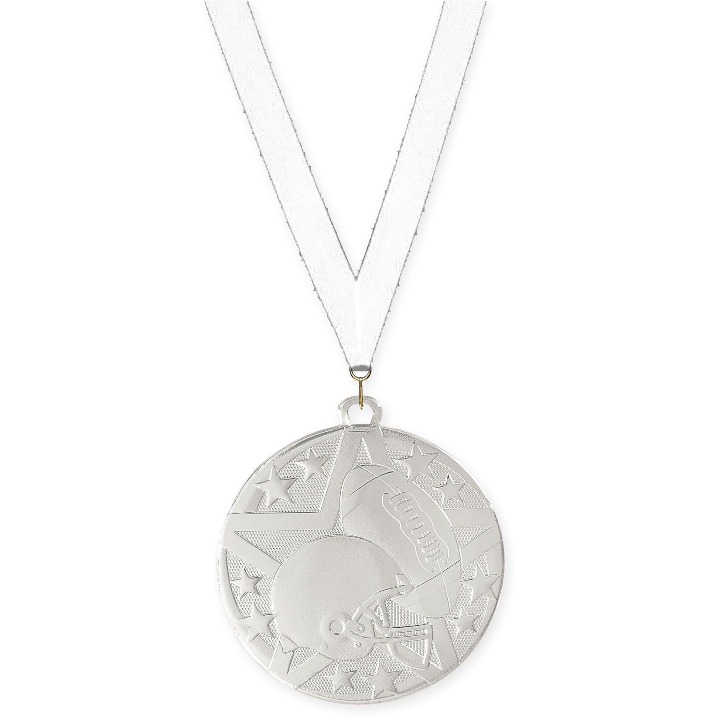 2 inch football Superstar medal in bright silver with White neck ribbon