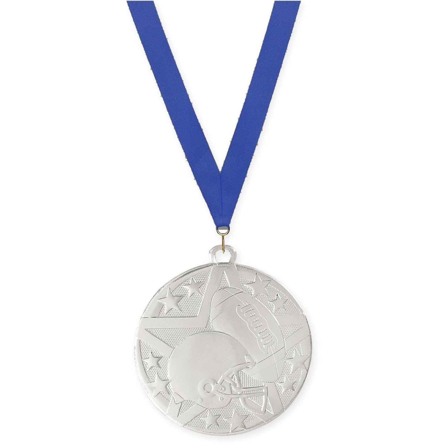 2 inch football Superstar medal in bright silver with Blue neck ribbon